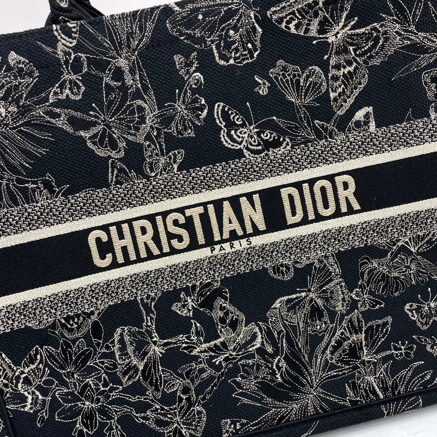 Dior Elegant Black Embroidered Butterfly and Floral Canvas Tote Handbag