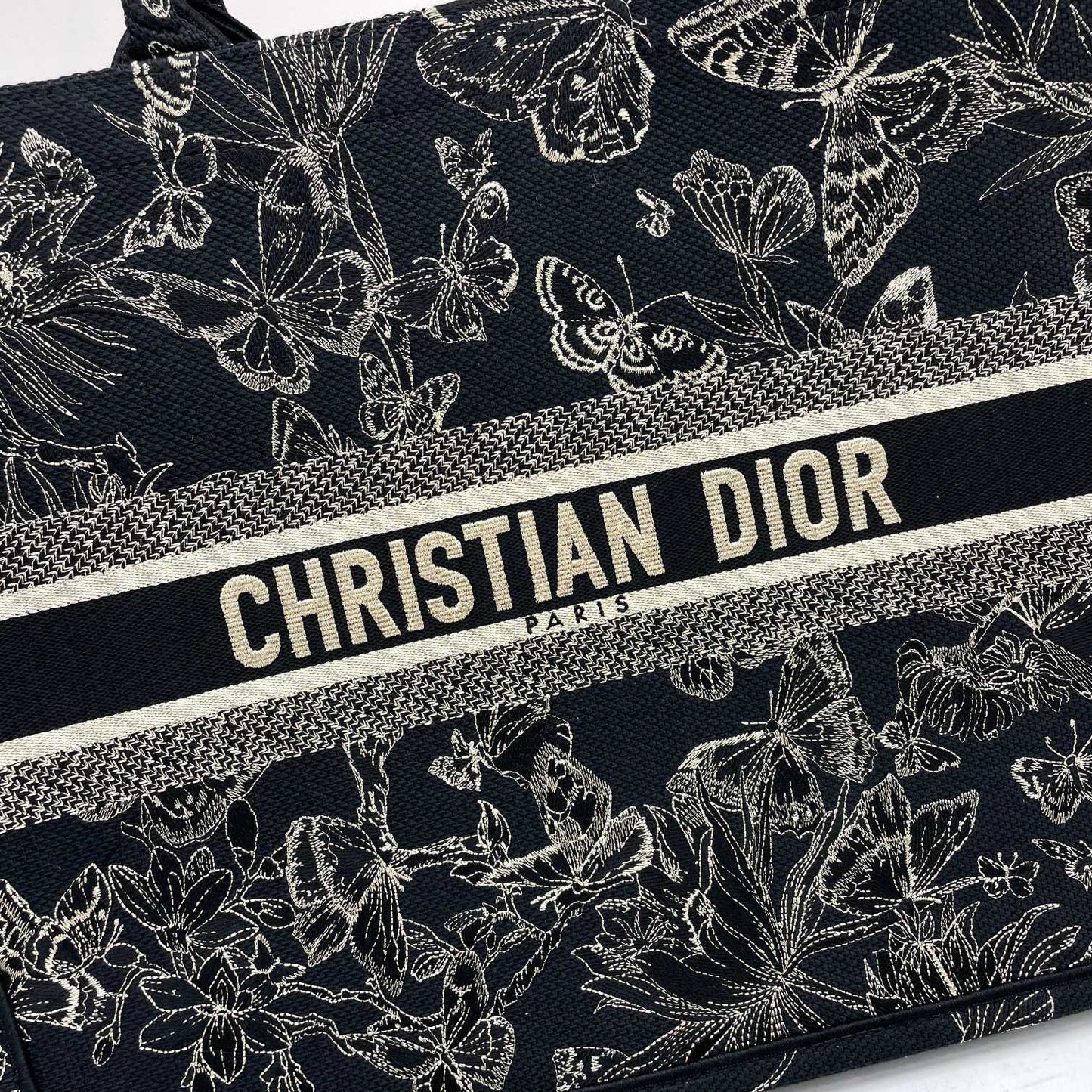 Christian Dior Book Tote Black with Gold Butterfly Embroidery Canvas Handbag