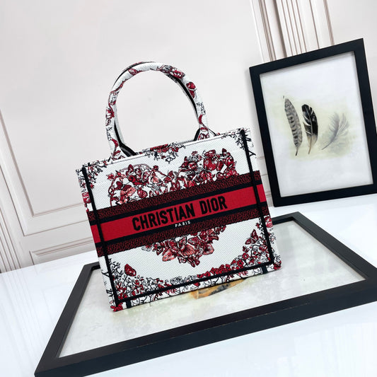 Christian Dior Book Tote Bag - White and Red Heart Motif Embroidery