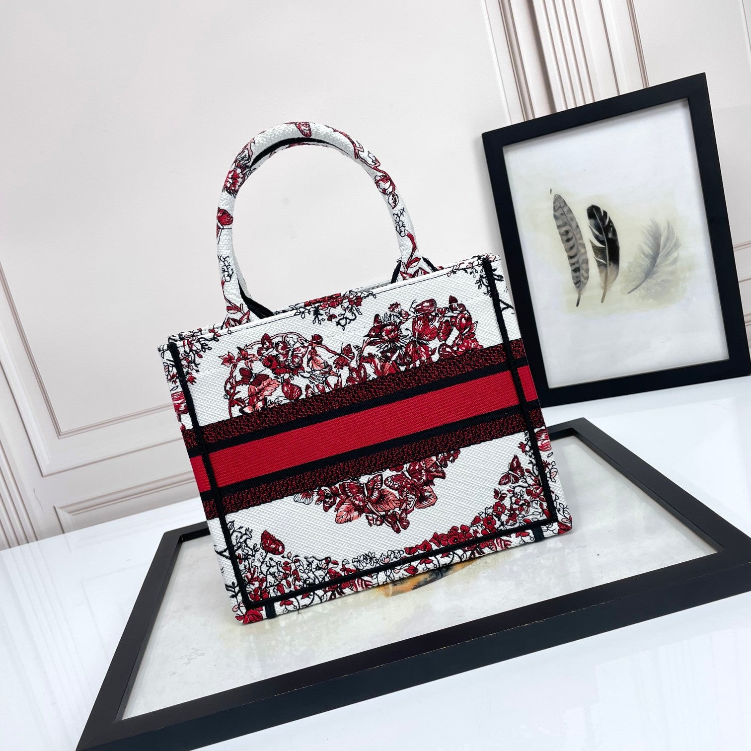 Christian Dior Book Tote Bag - White and Red Heart Motif Embroidery