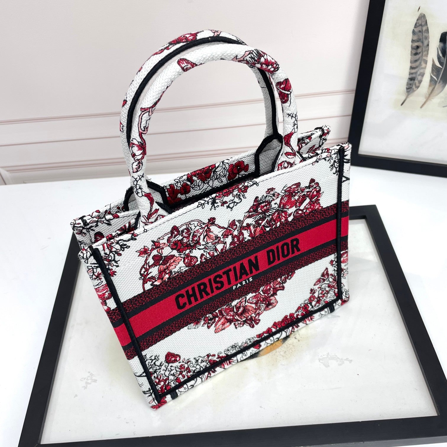 Christian Dior Book Tote Bag - White and Red Heart Motif Embroidery