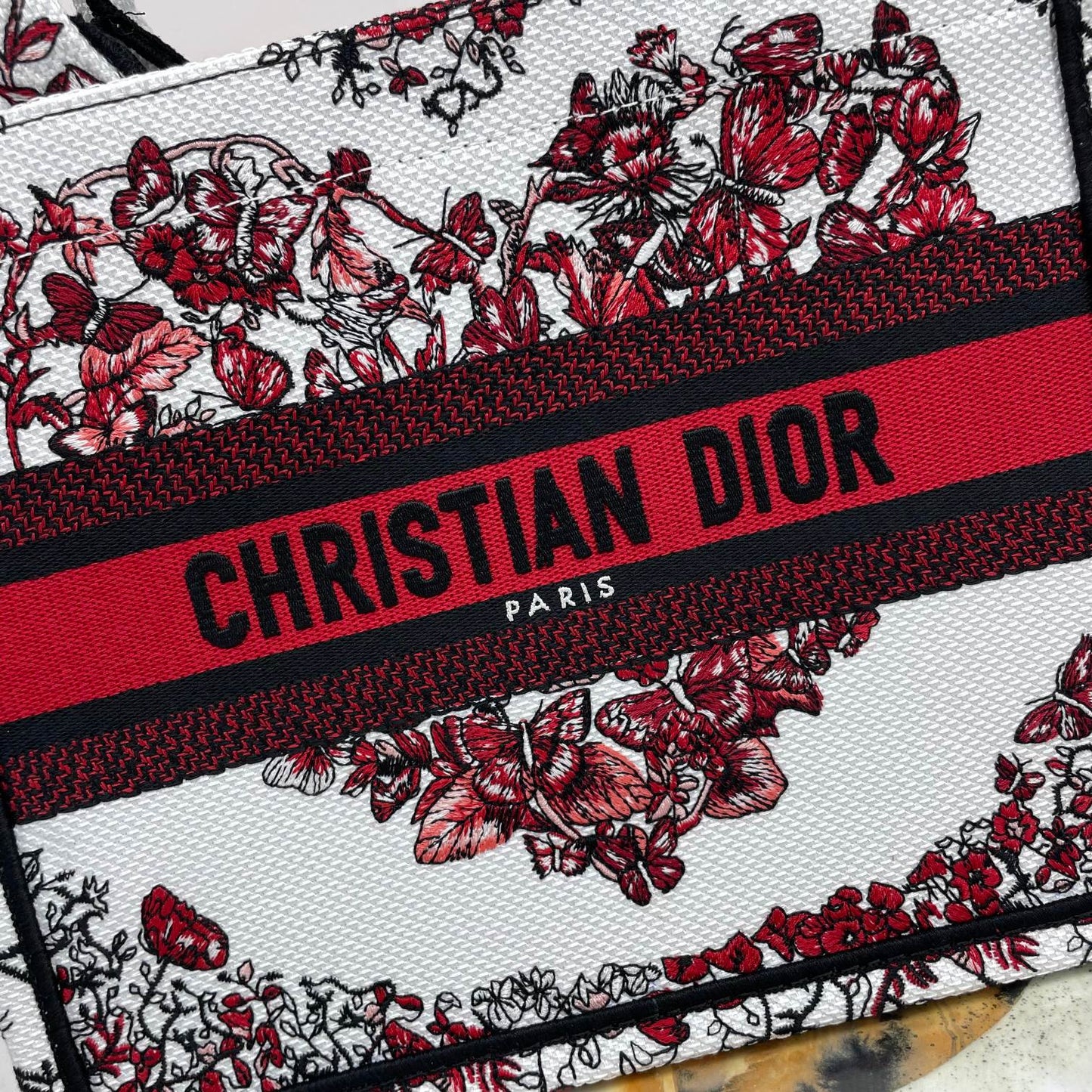Christian Dior Book Tote Bag - White and Red Heart Motif Embroidery
