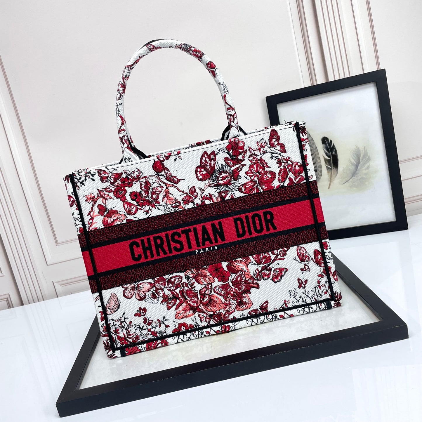 Christian Dior Large Book Tote Red and White Butterfly Floral Embroidery Canvas Bag
