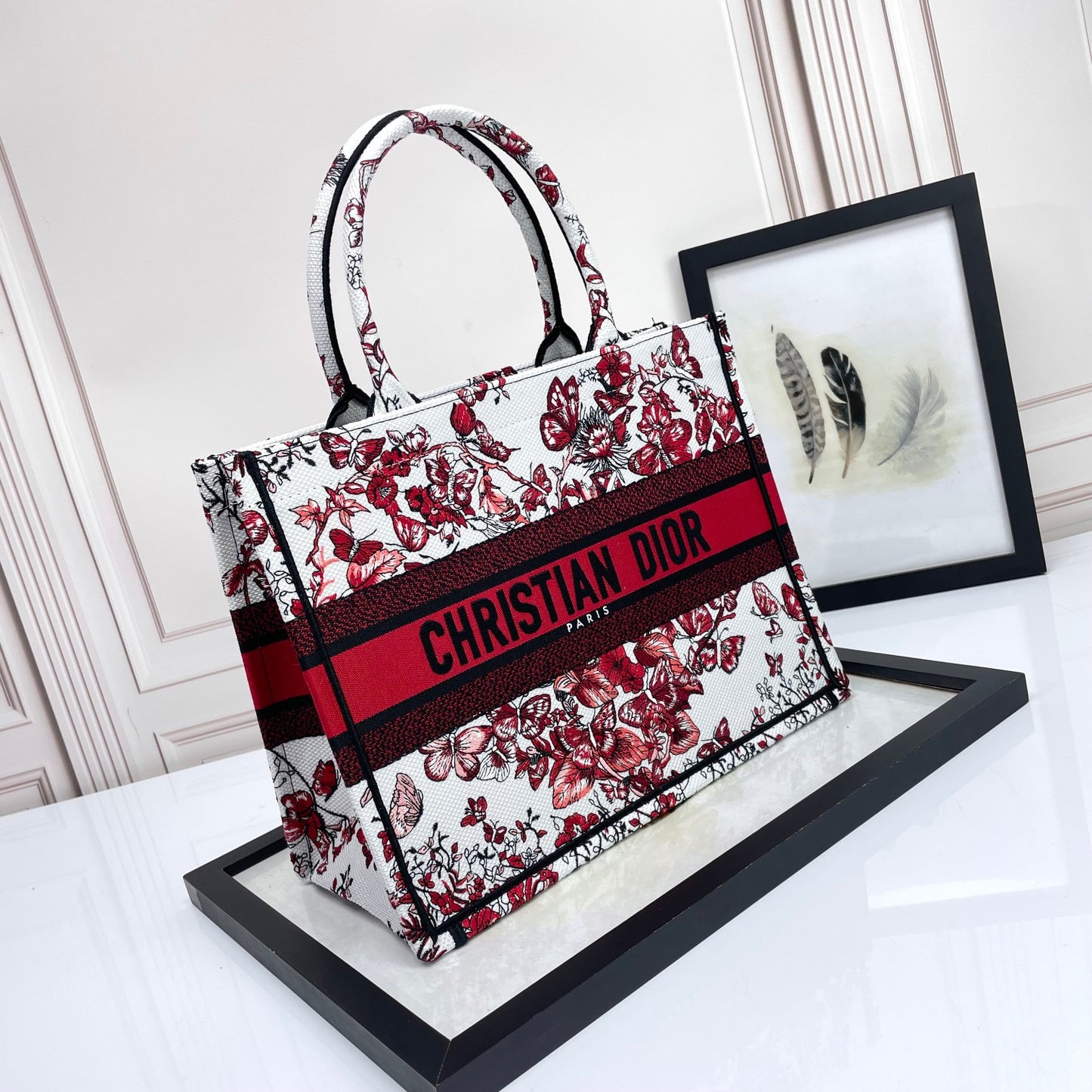 Christian Dior Medium Book Tote - Red and White Butterfly Embroidered Canvas