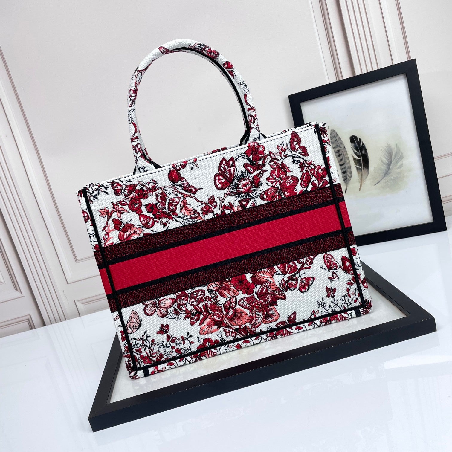 Christian Dior Large Book Tote Red and White Butterfly Floral Embroidery Canvas Bag