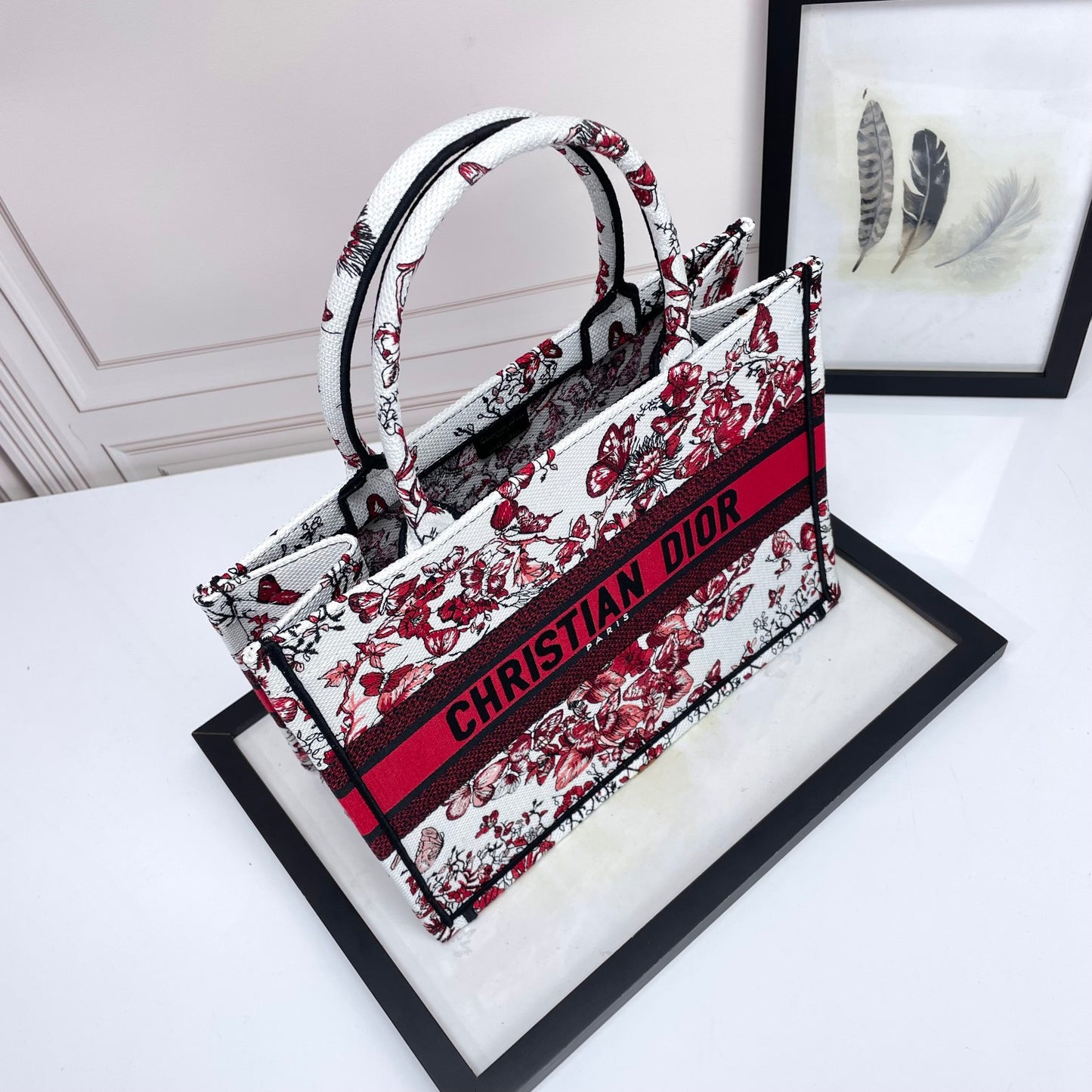 Christian Dior Medium Book Tote - Red and White Butterfly Embroidered Canvas