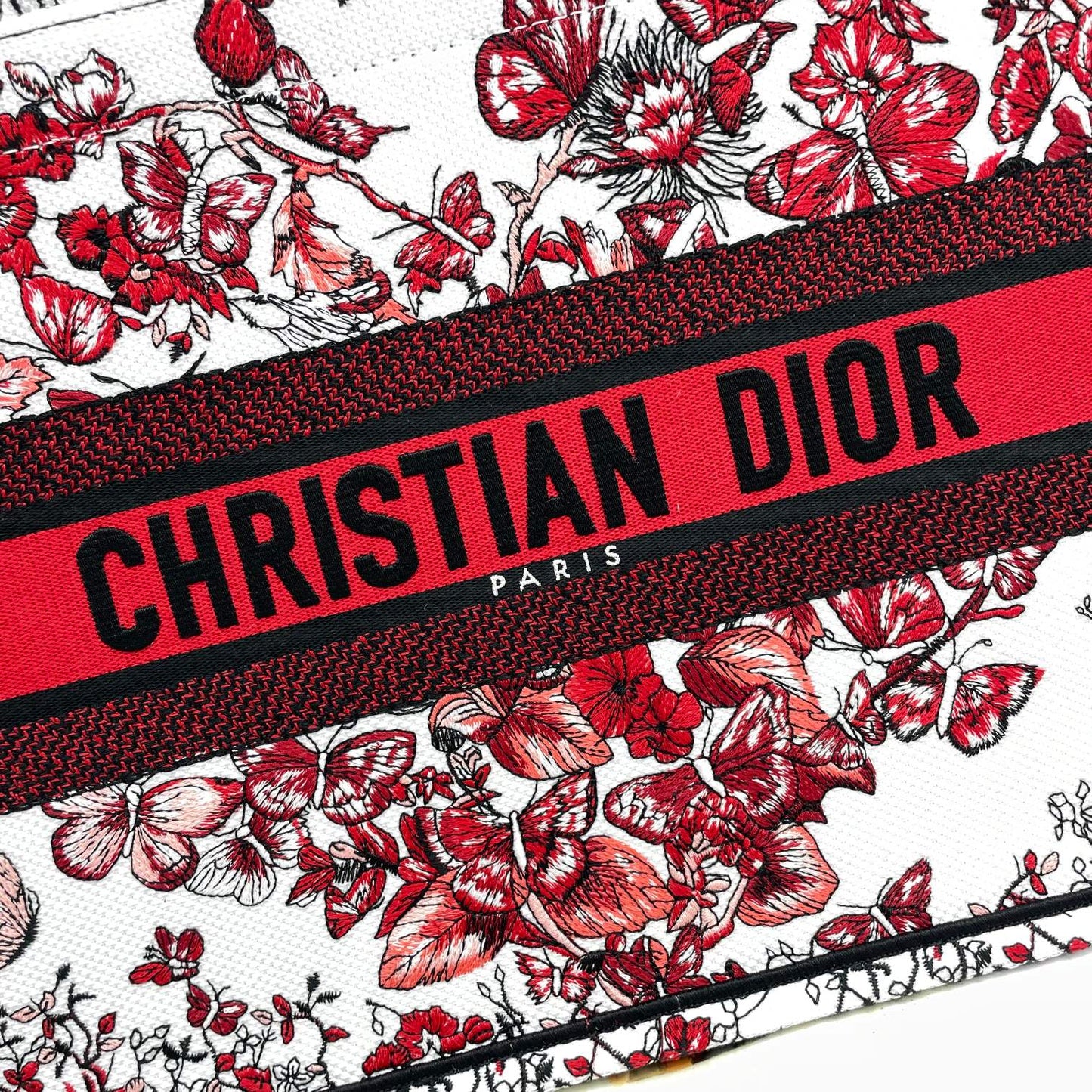 Christian Dior Medium Book Tote - Red and White Butterfly Embroidered Canvas