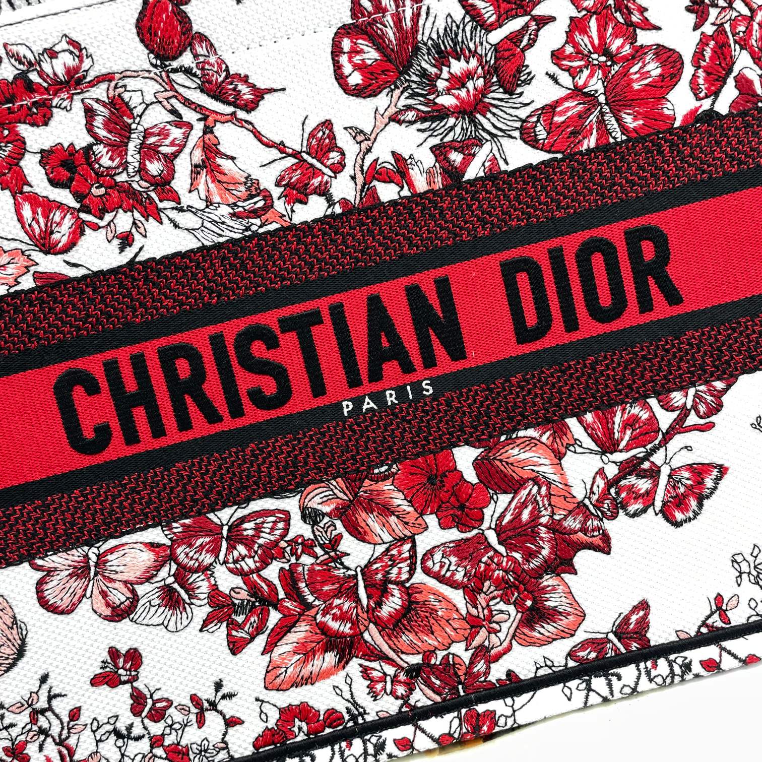Christian Dior Medium Book Tote - Red and White Butterfly Embroidered Canvas