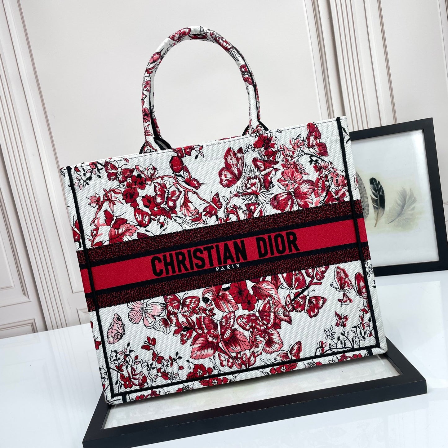 Christian Dior Medium Book Tote Bag with Red Butterfly Embroidery