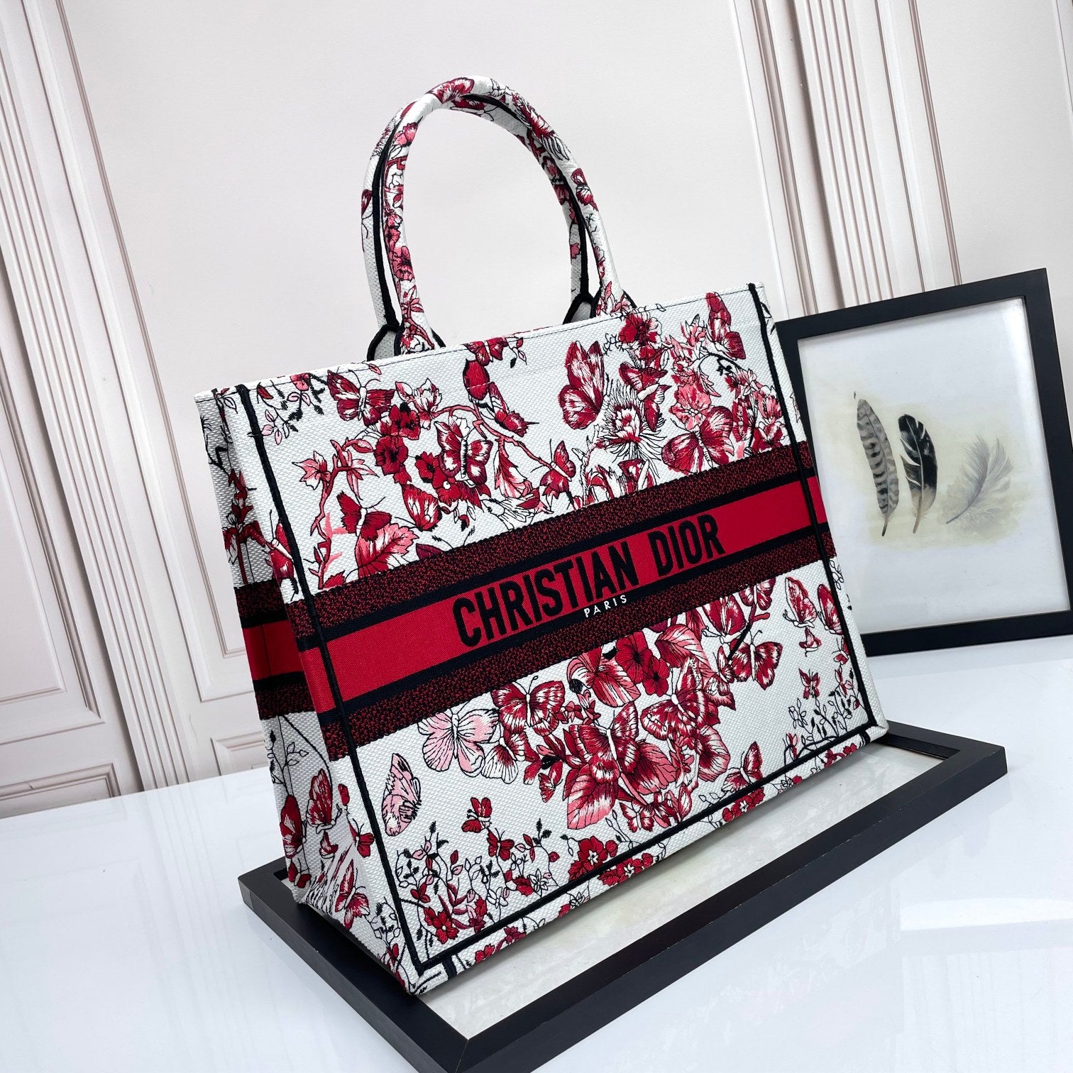 Christian Dior Medium Book Tote Bag with Red Butterfly Embroidery