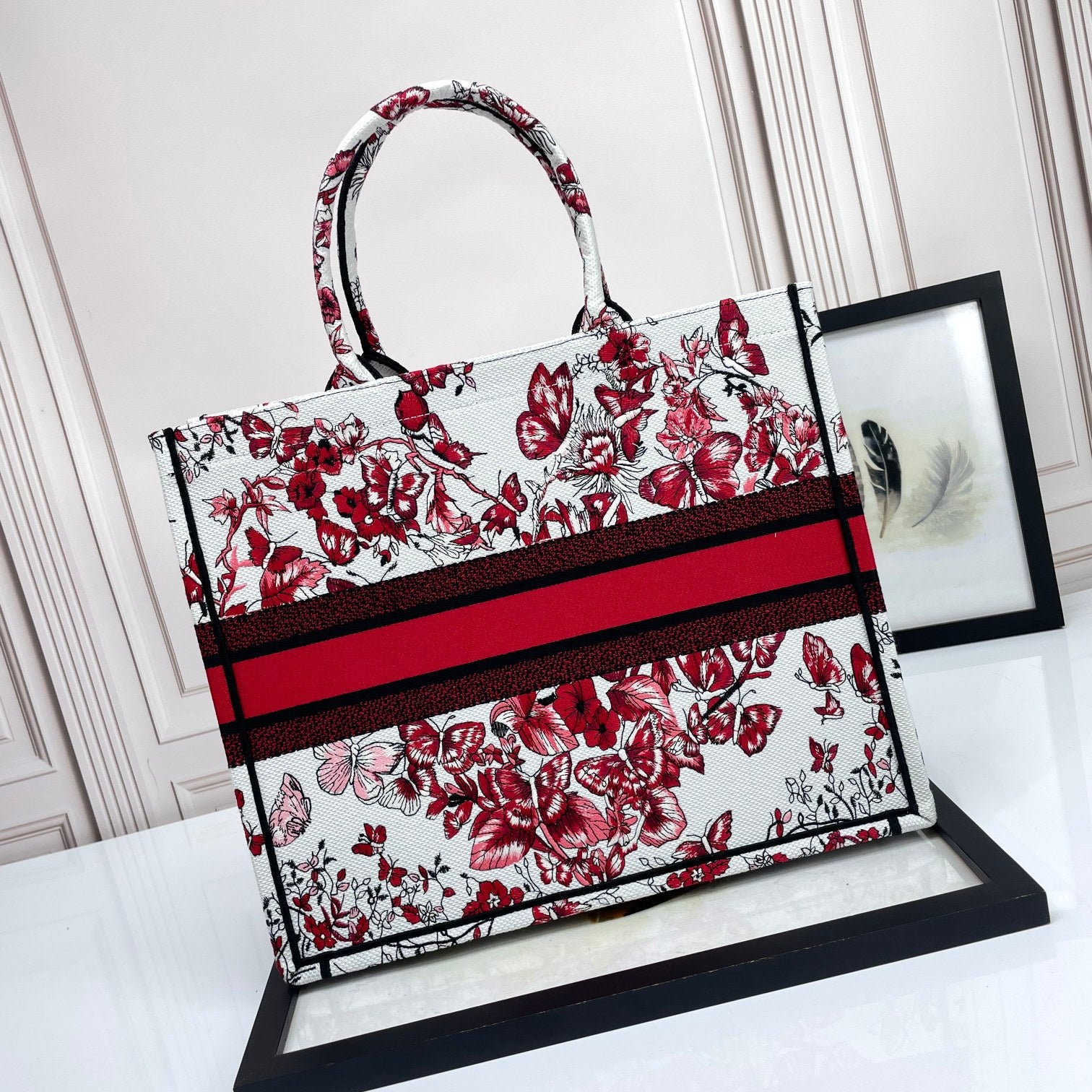 Christian Dior Medium Book Tote Bag with Red Butterfly Embroidery
