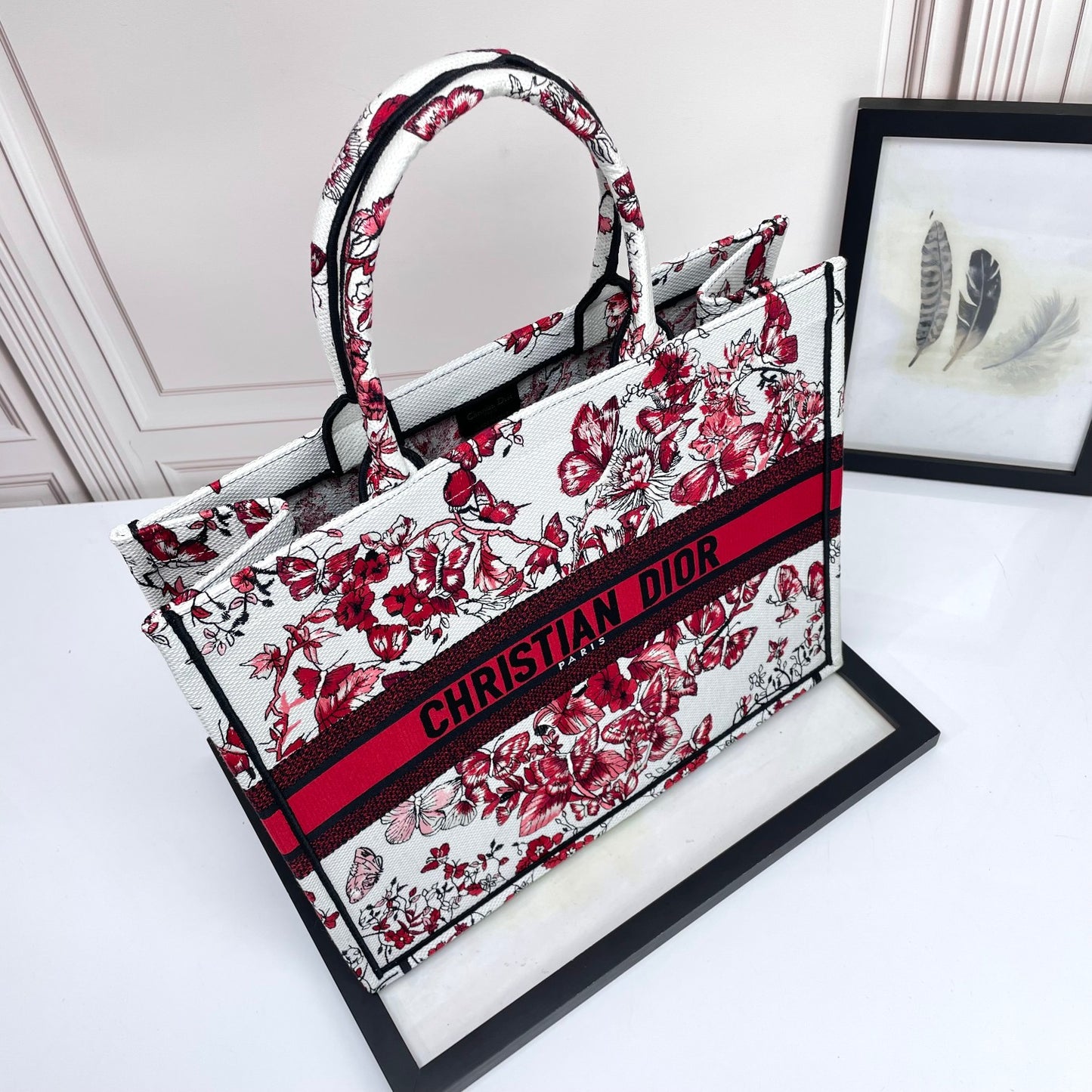 Christian Dior Medium Book Tote Bag with Red Butterfly Embroidery