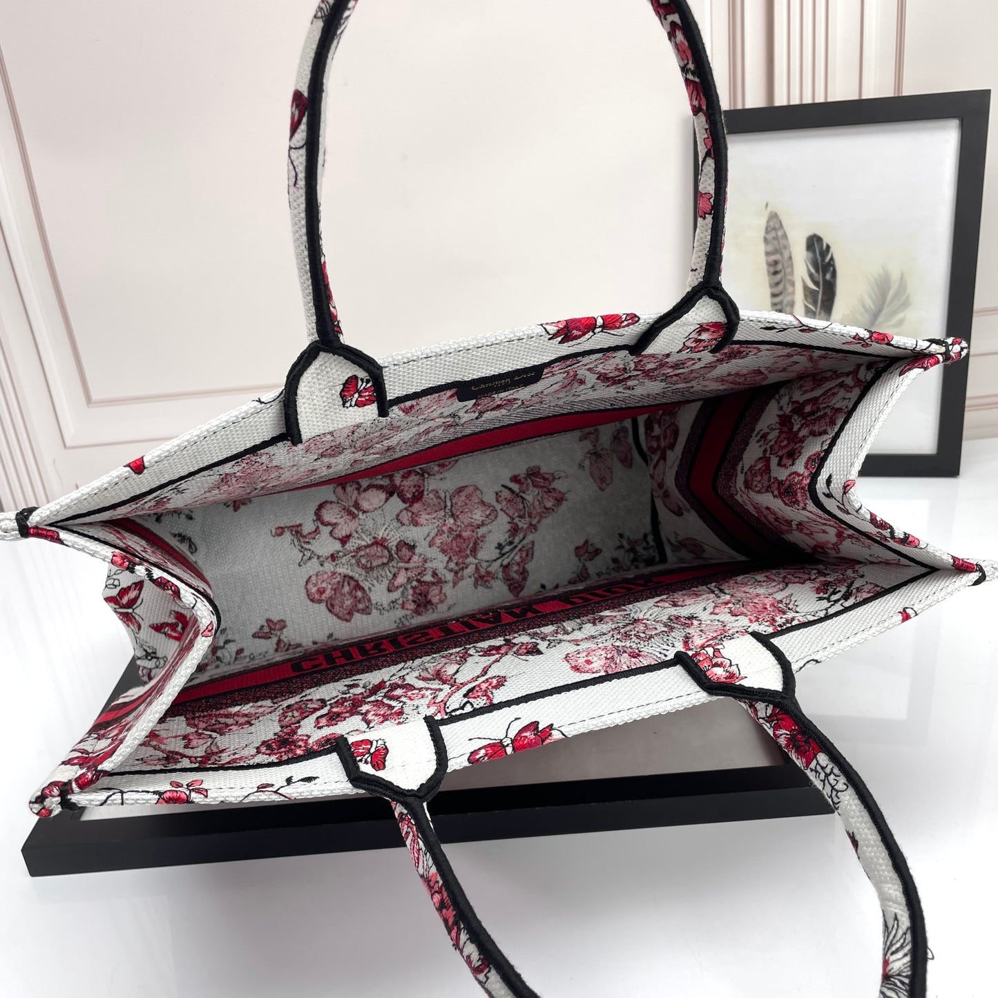 Christian Dior Small Book Tote - Red and White Butterfly Floral Canvas Handbag