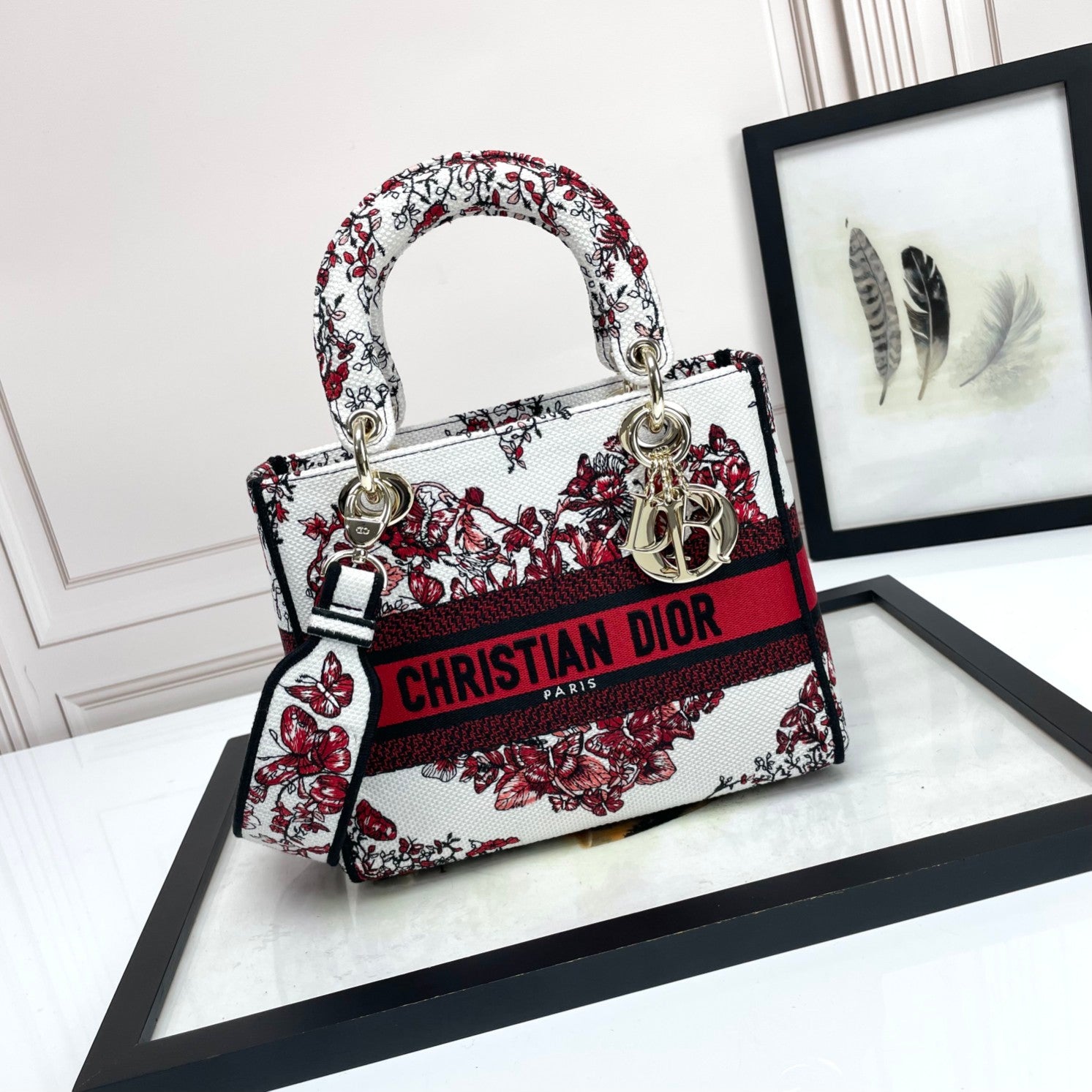 Christian Dior Lady D-Lite Handbag White and Red Butterfly Pattern