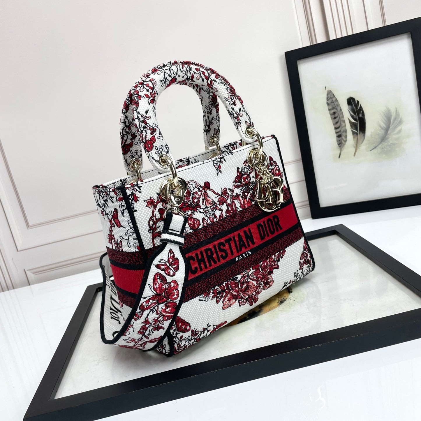Christian Dior Lady D-Lite Handbag White and Red Butterfly Pattern