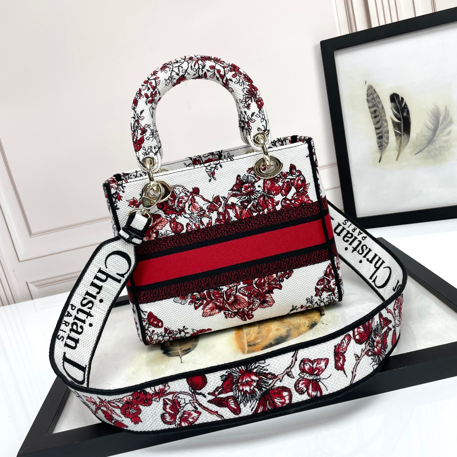Christian Dior Lady D-Lite Handbag White and Red Butterfly Pattern