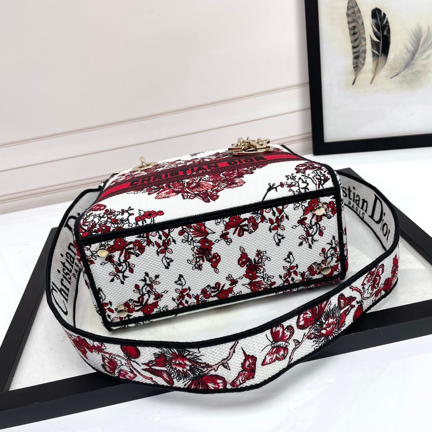 Christian Dior Lady D-Lite Handbag - Red and White Butterfly Embroidery