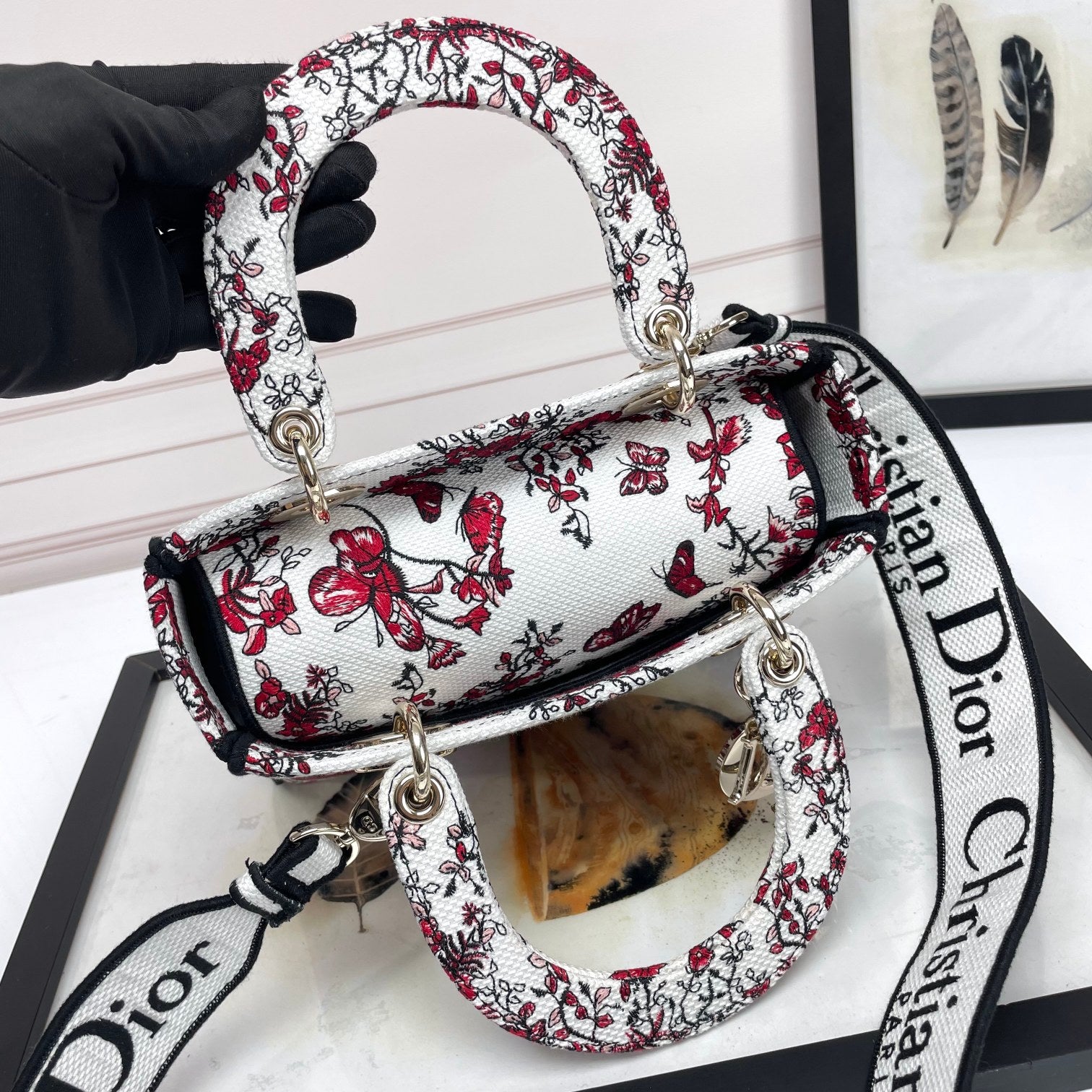 Christian Dior Lady D-Lite Handbag - Red and White Butterfly Embroidery
