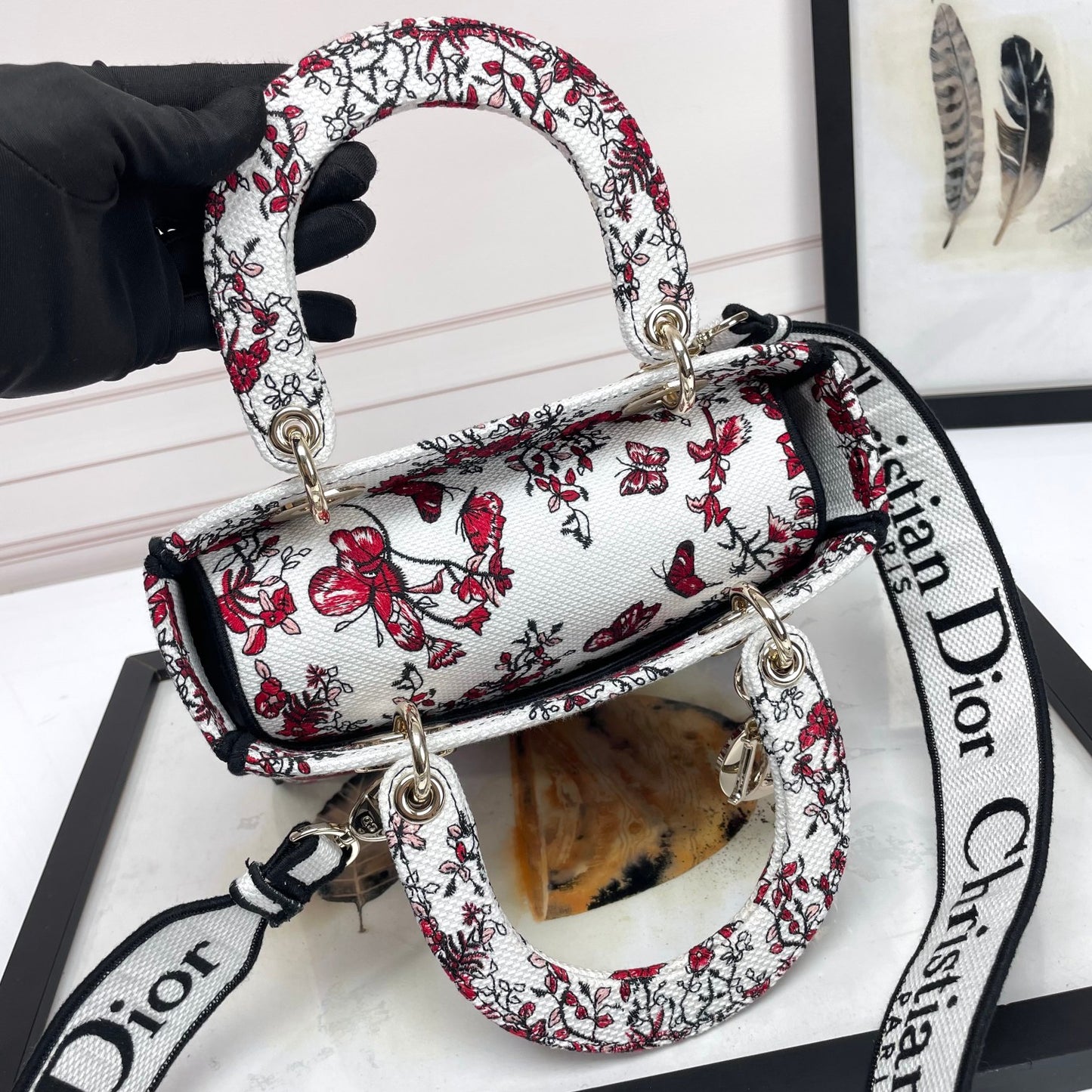 Christian Dior Lady D-Lite Handbag White and Red Butterfly Pattern