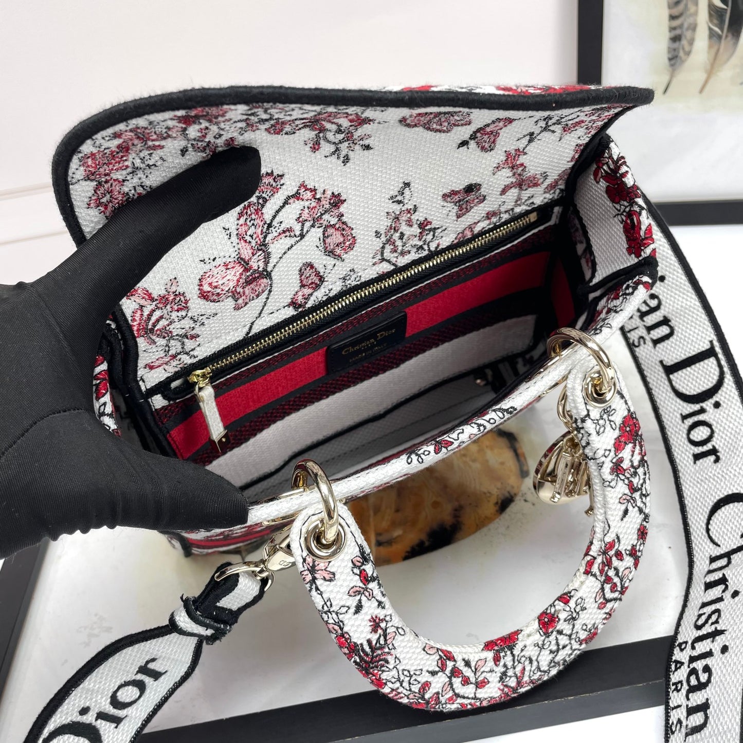 Christian Dior Lady D-Lite Handbag - Red and White Butterfly Embroidery