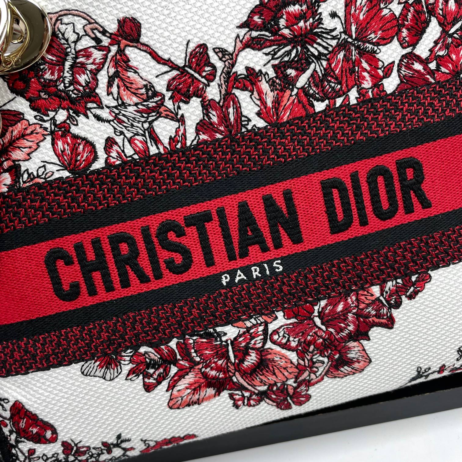 Christian Dior Lady D-Lite Handbag White and Red Butterfly Pattern