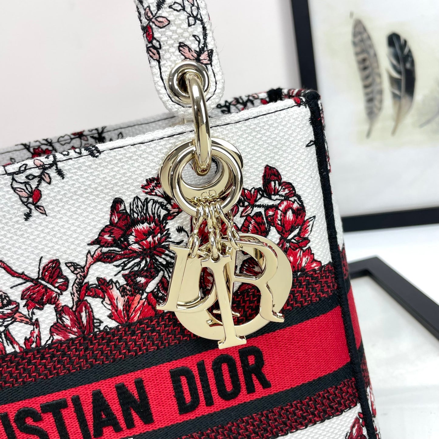 Christian Dior Lady D-Lite Handbag - Red and White Butterfly Embroidery