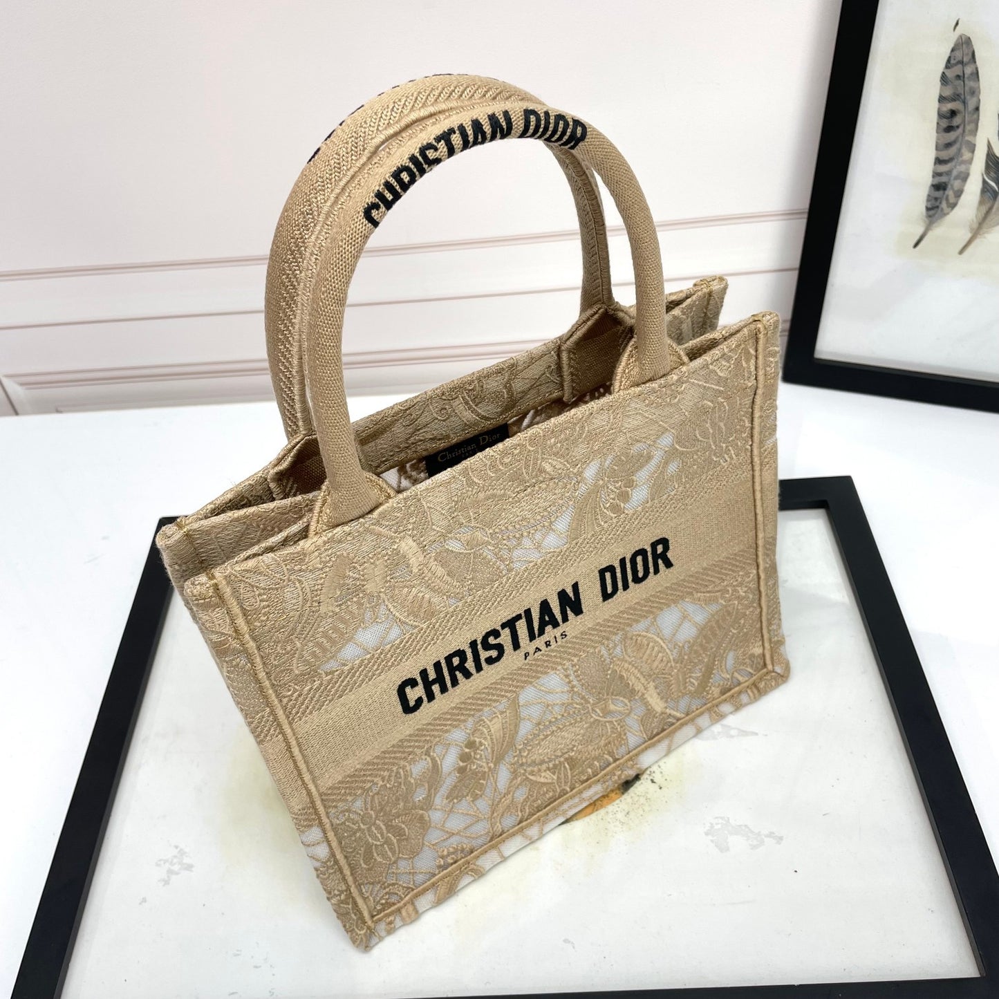 Christian Dior Small Book Tote Bag in Beige Lace Embroidery