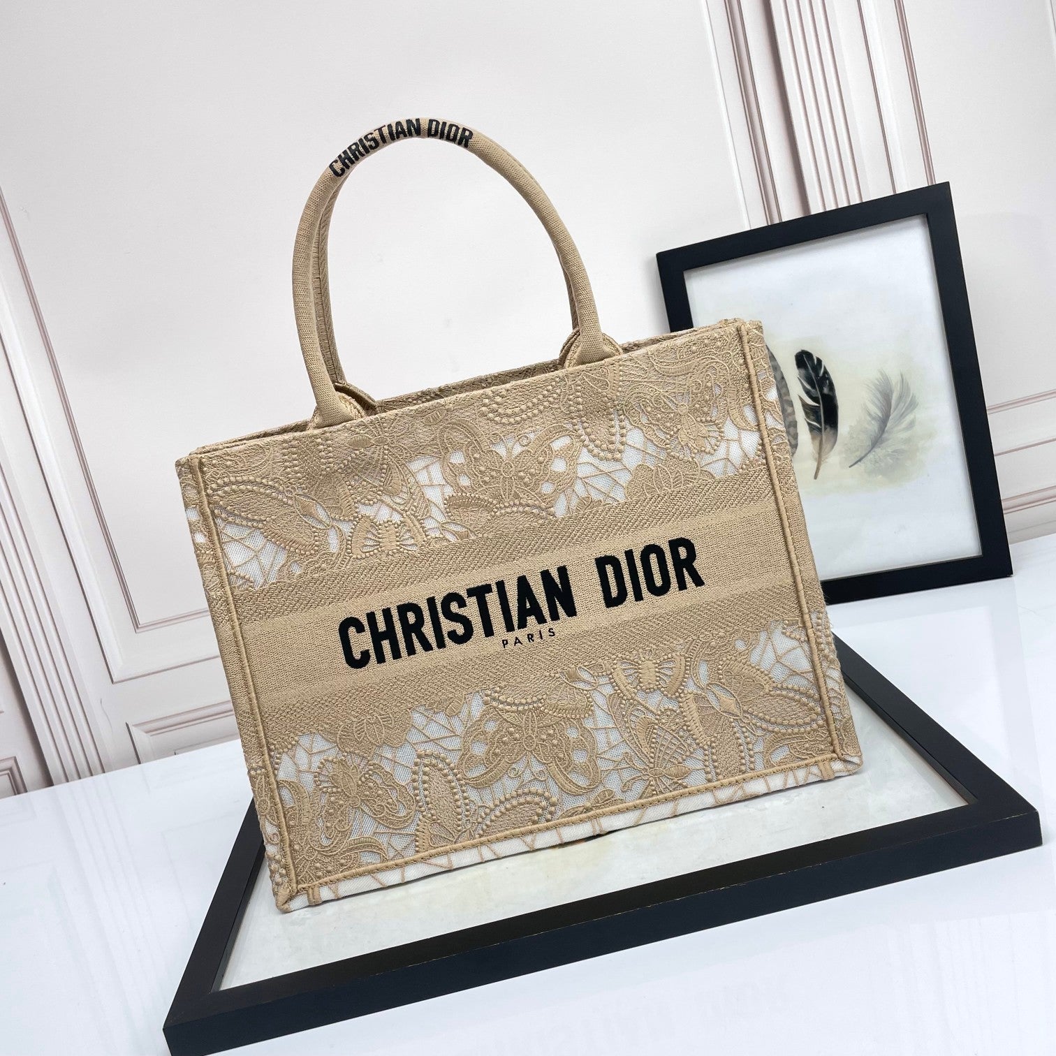 Christian Dior Medium Book Tote - Beige Canvas with White Lace Embroidery