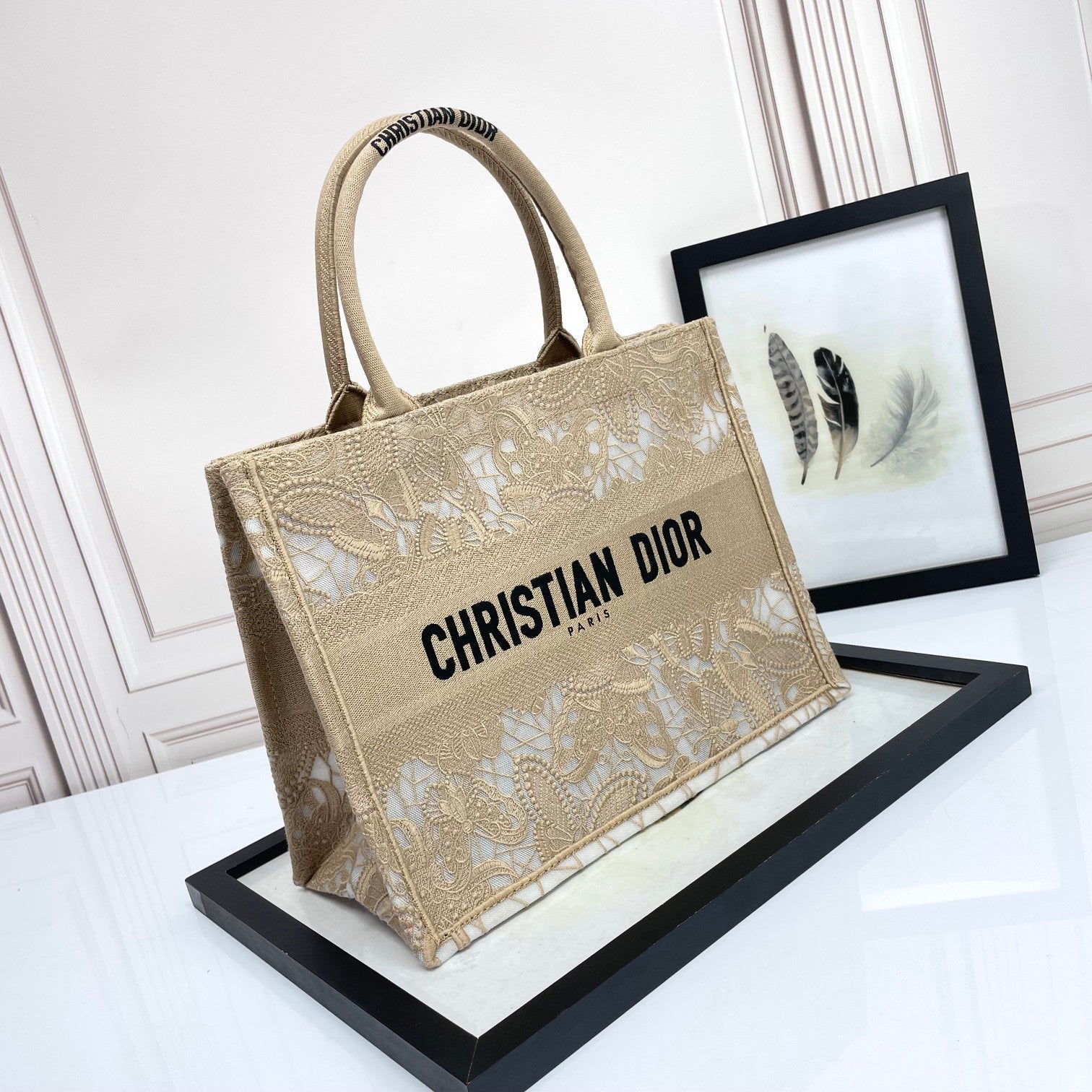 Christian Dior Medium Book Tote - Beige Canvas with White Lace Embroidery