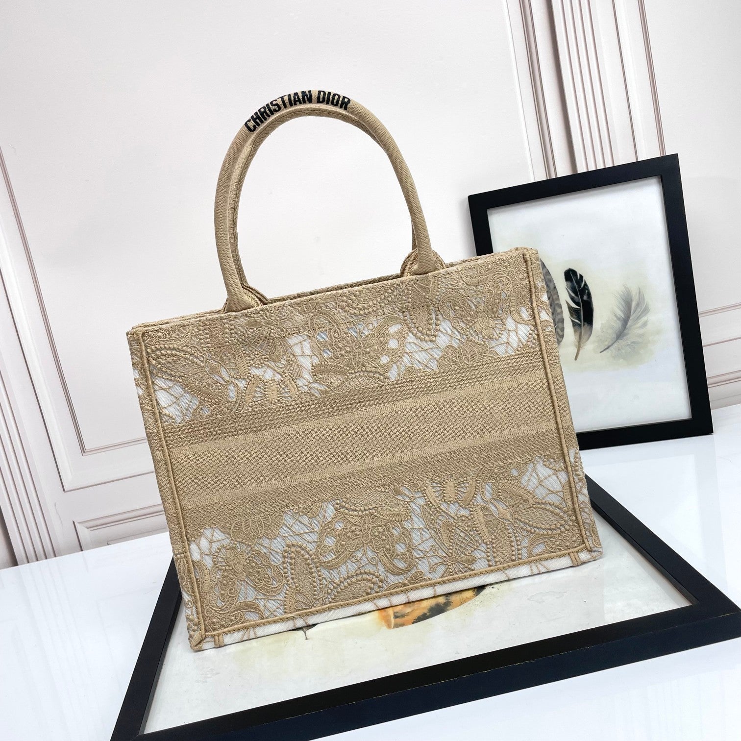 Christian Dior Medium Book Tote - Beige Canvas with White Lace Embroidery
