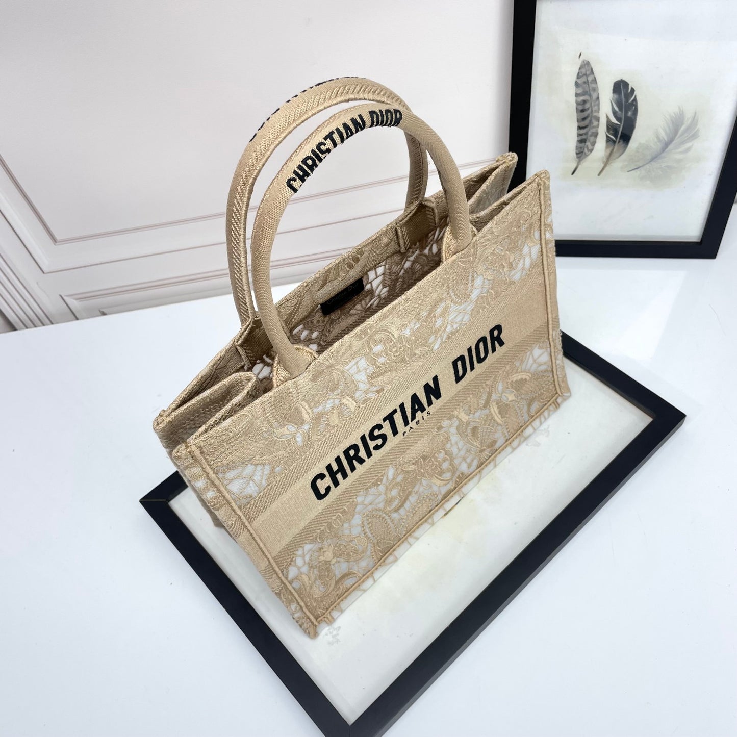 Dior Elegant Floral Lace Embroidered Canvas Tote Bag with Top Handles