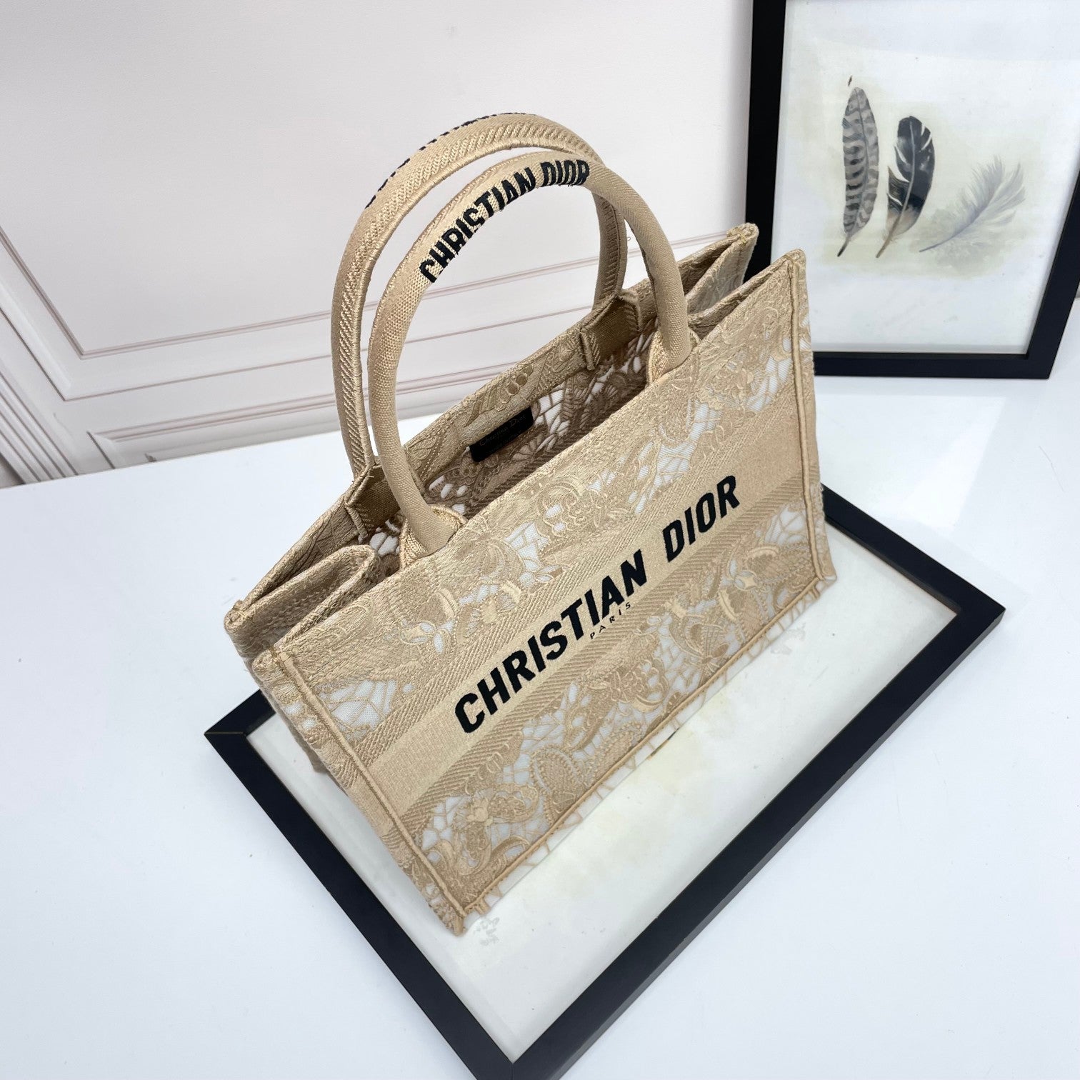 Christian Dior Medium Book Tote - Beige Canvas with White Lace Embroidery