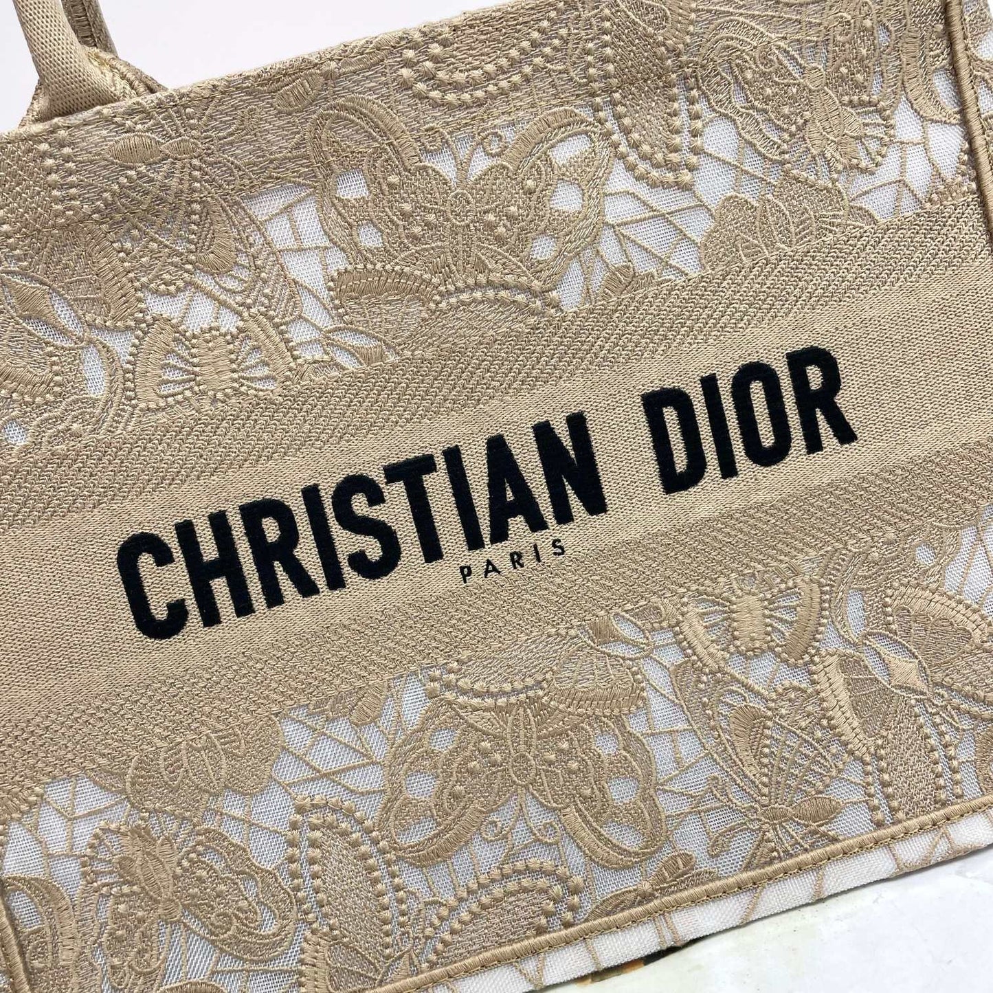 Christian Dior Medium Book Tote - Beige Canvas with White Lace Embroidery