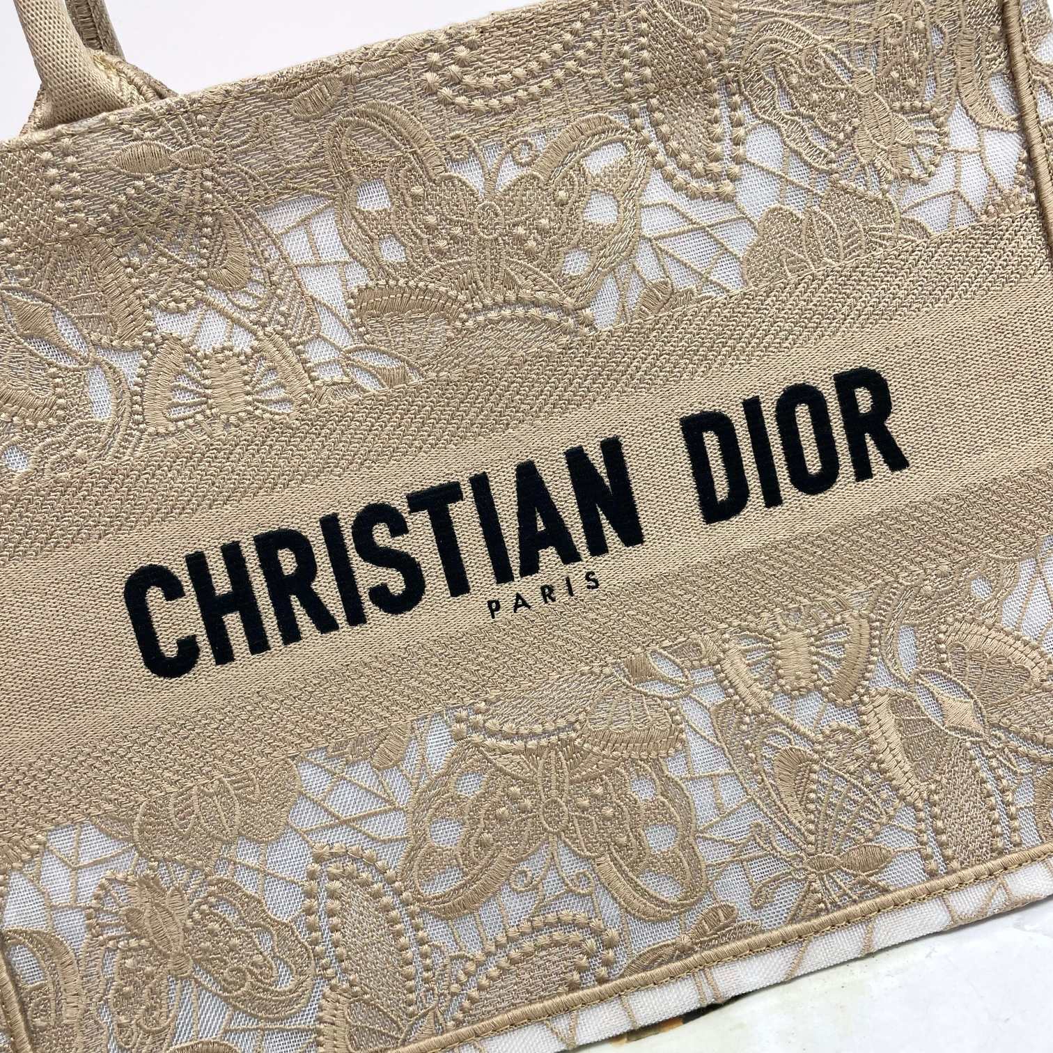 Christian Dior Medium Book Tote - Beige Canvas with White Lace Embroidery