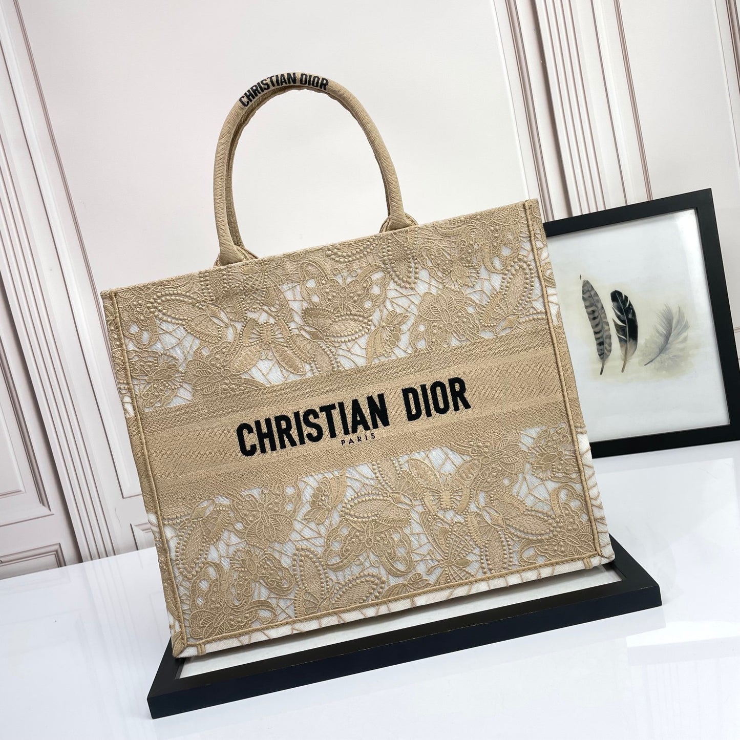 Christian Dior Large Book Tote Bag Beige Floral Lace Embroidery Canvas