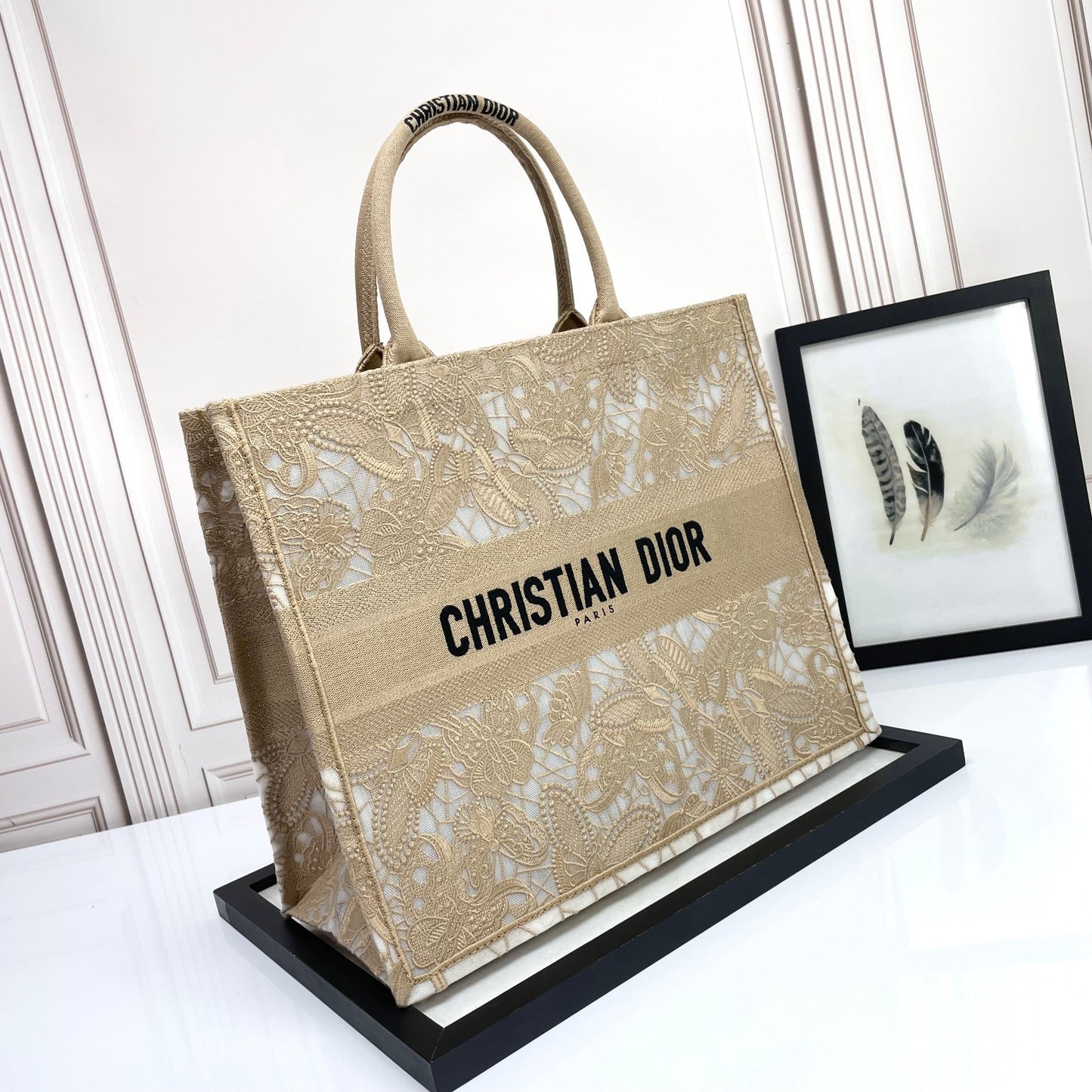 Christian Dior Large Book Tote Bag Beige Floral Lace Embroidery Canvas