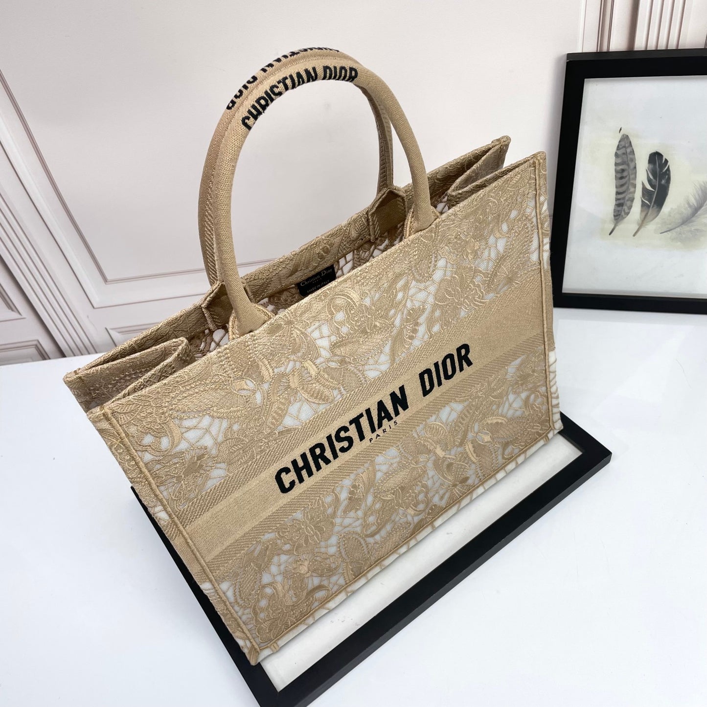 Christian Dior Large Book Tote Bag Beige Floral Lace Embroidery Canvas