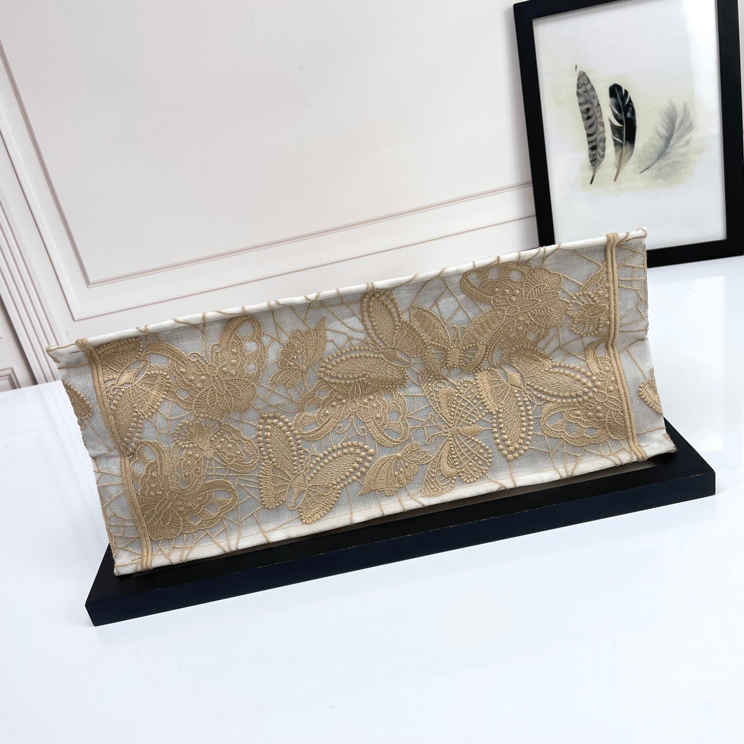 Christian Dior Large Book Tote Bag Beige Floral Lace Embroidery Canvas