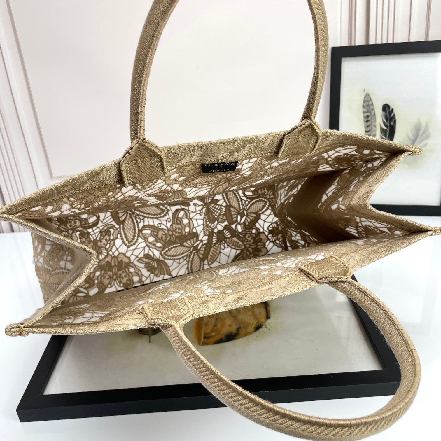 Christian Dior Large Book Tote Bag Beige Floral Lace Embroidery Canvas