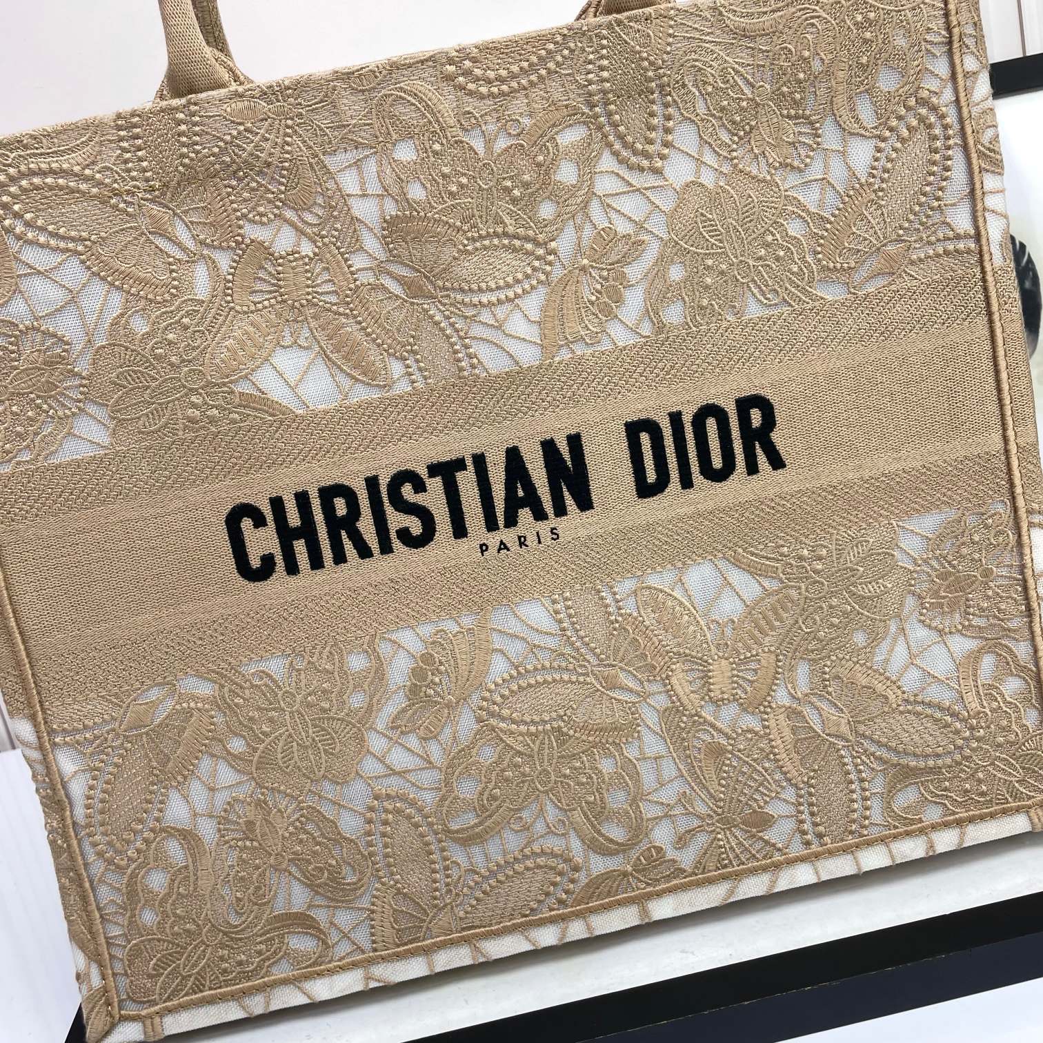 Christian Dior Large Book Tote Bag Beige Floral Lace Embroidery Canvas