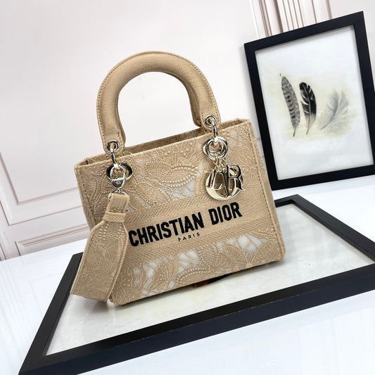 Christian Dior Lady D-Lite Bag - Beige Embroidered Canvas Handbag