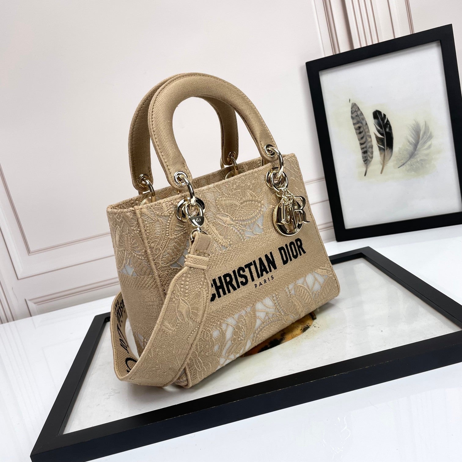 Christian Dior Lady D-Lite Bag Beige Embroidered Canvas Medium Handbag