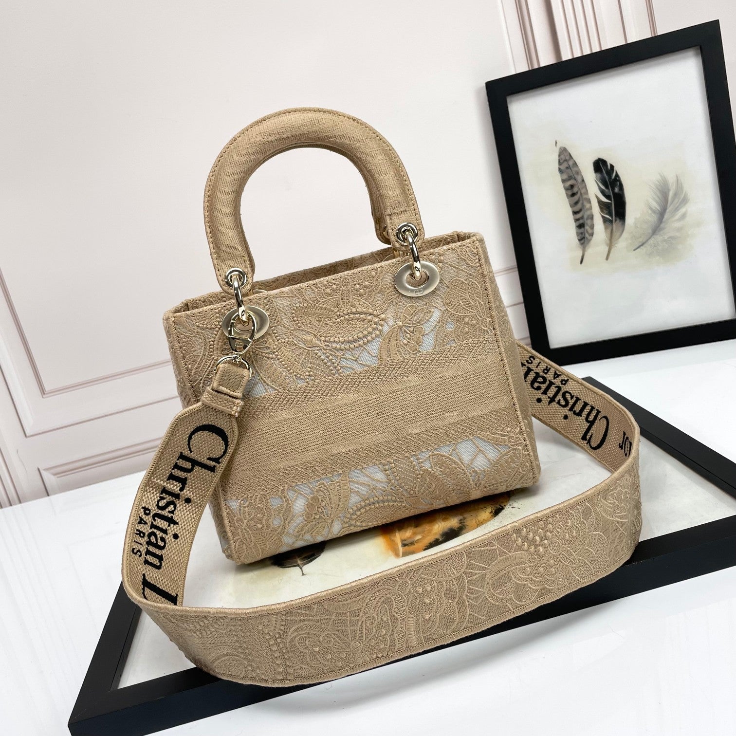 Christian Dior Lady D-Lite Handbag Beige Embroidered Canvas