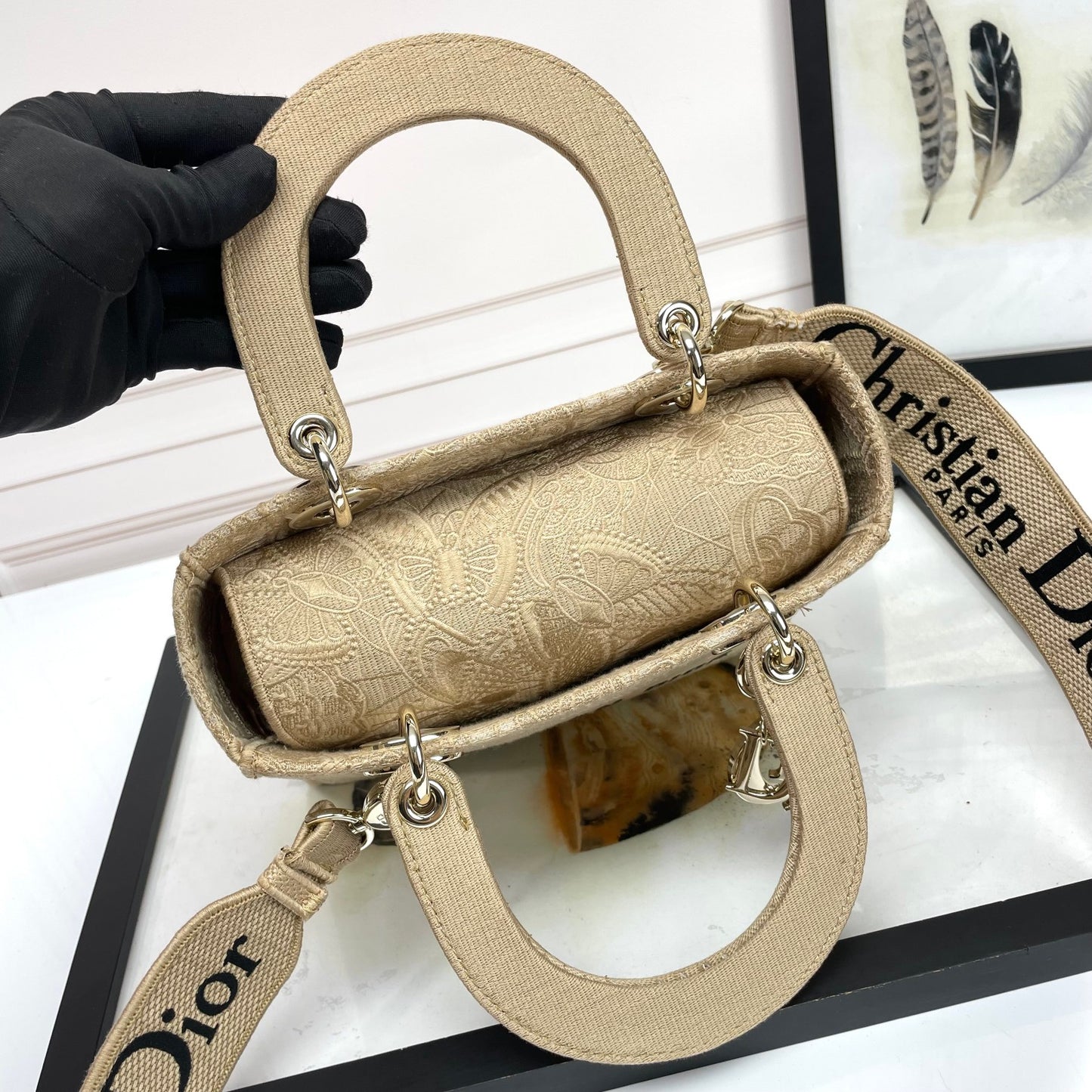 Christian Dior Lady D-Lite Handbag Beige Embroidered Canvas