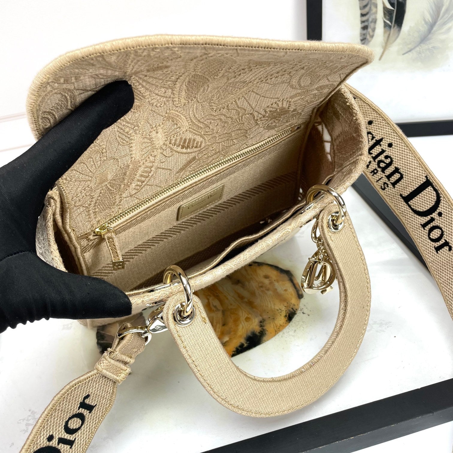 Christian Dior Lady D-Lite Beige Leaf Embroidered Medium Handbag