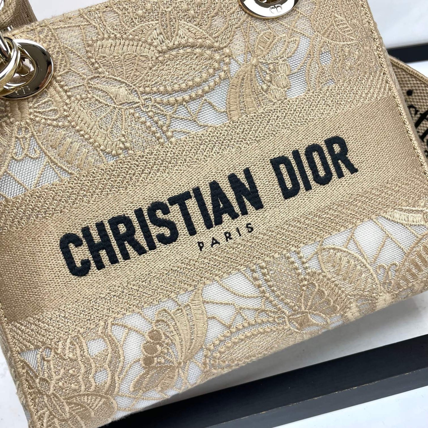 Christian Dior Lady D-Lite Handbag Beige Embroidered Canvas