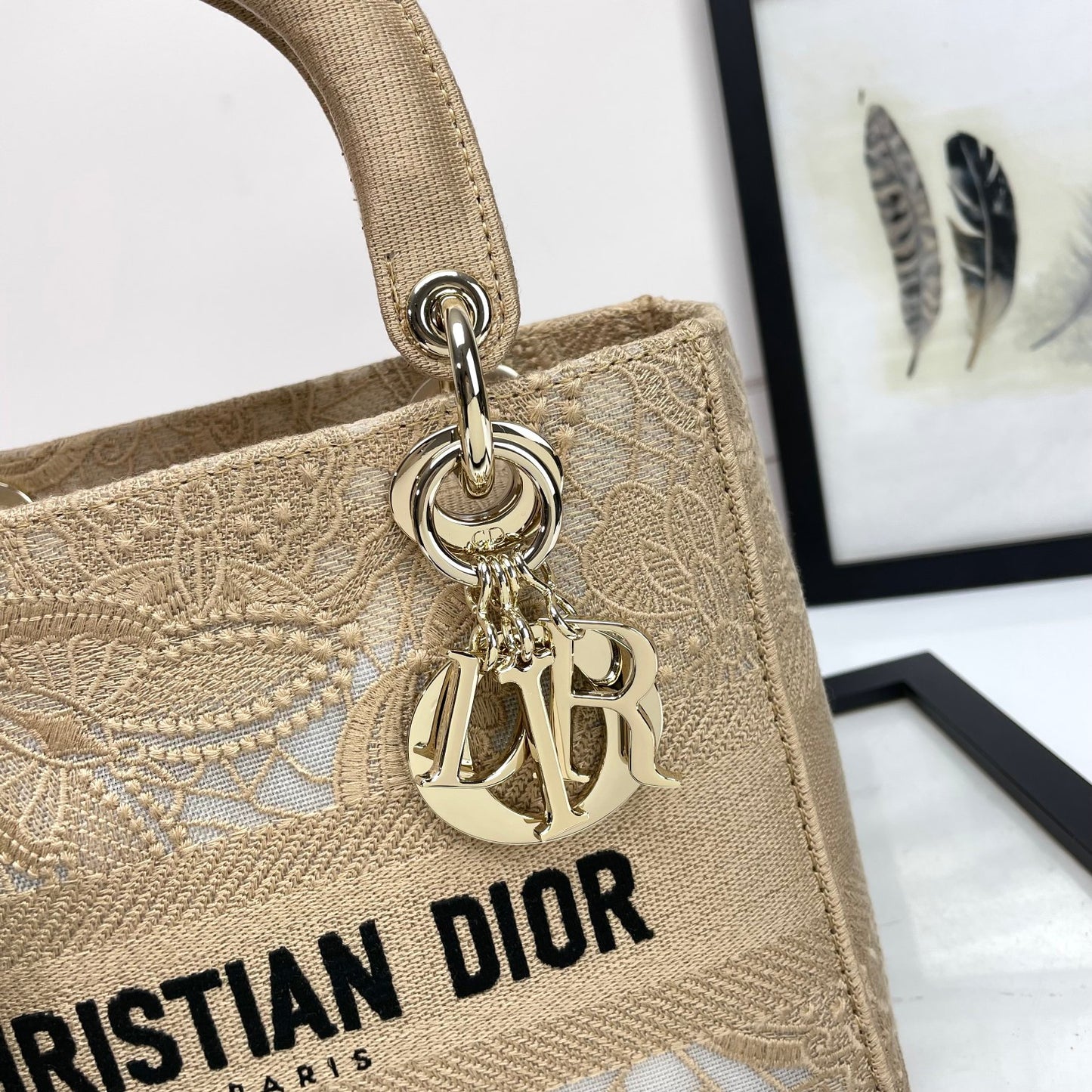 Christian Dior Lady D-Lite Beige Leaf Embroidered Medium Handbag