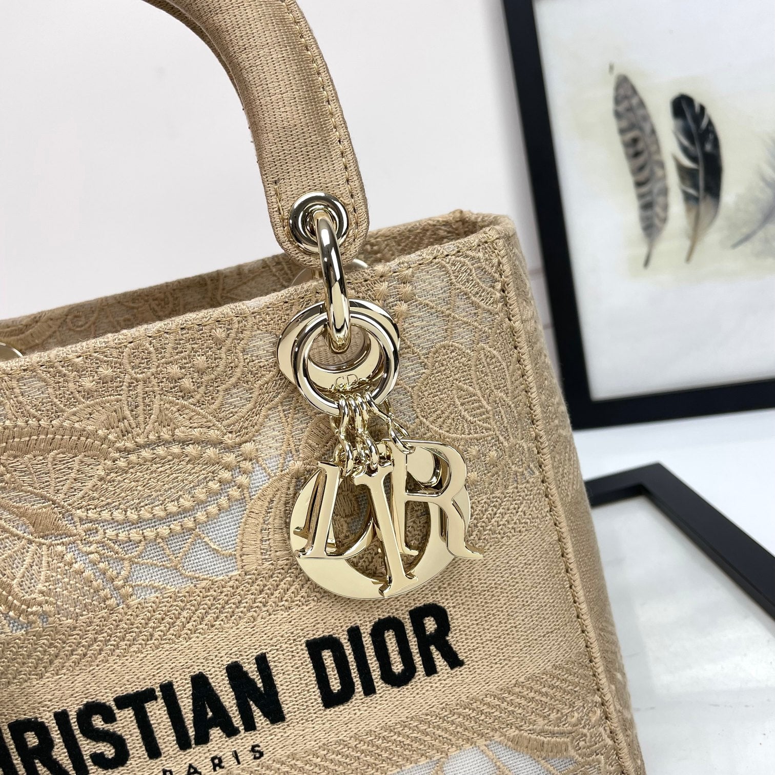 Christian Dior Lady D-Lite Beige Leaf Embroidered Medium Handbag