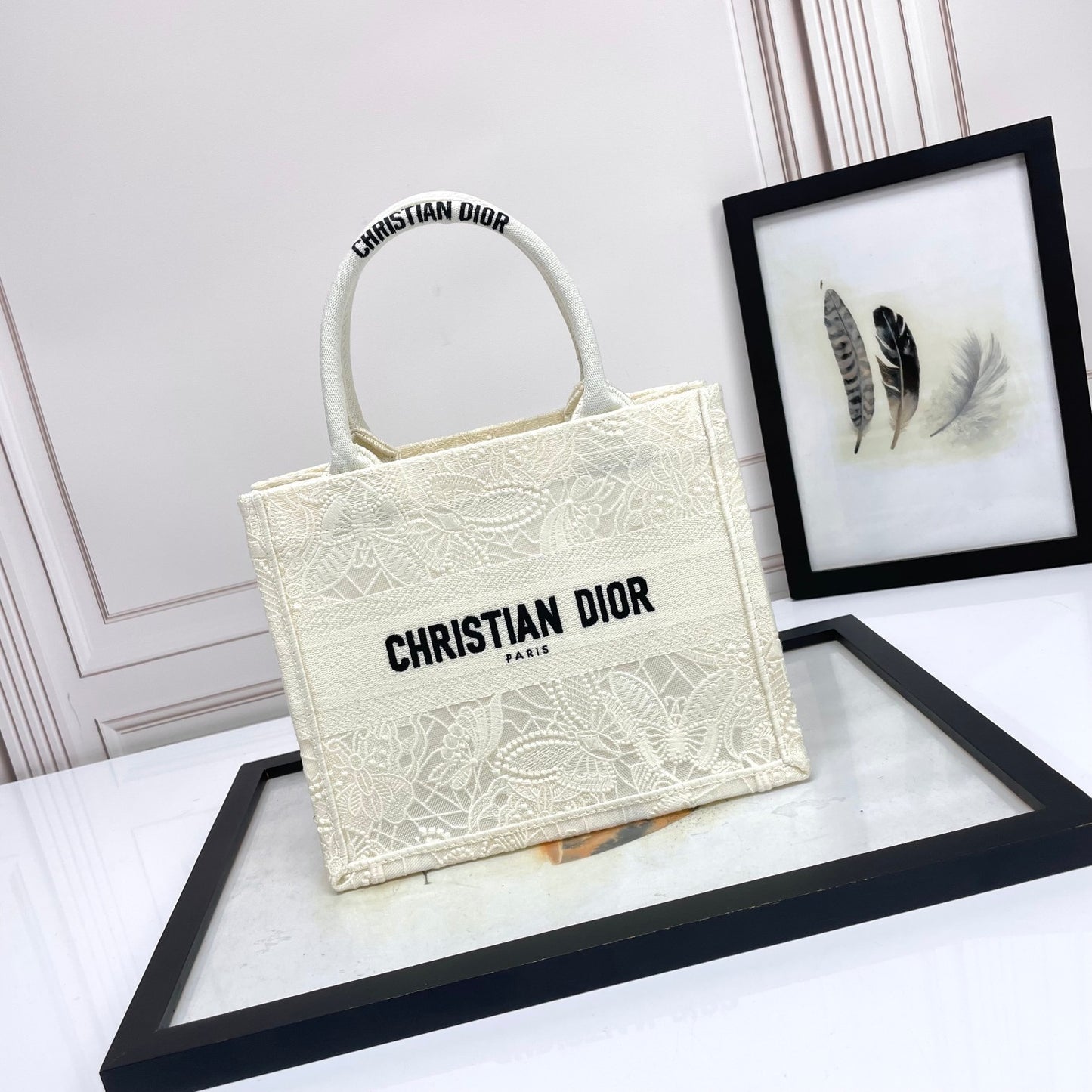 Christian Dior Small Book Tote Bag White Embroidered Canvas