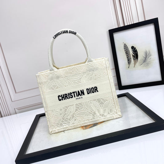 Christian Dior Small Book Tote Bag White Embroidered Canvas